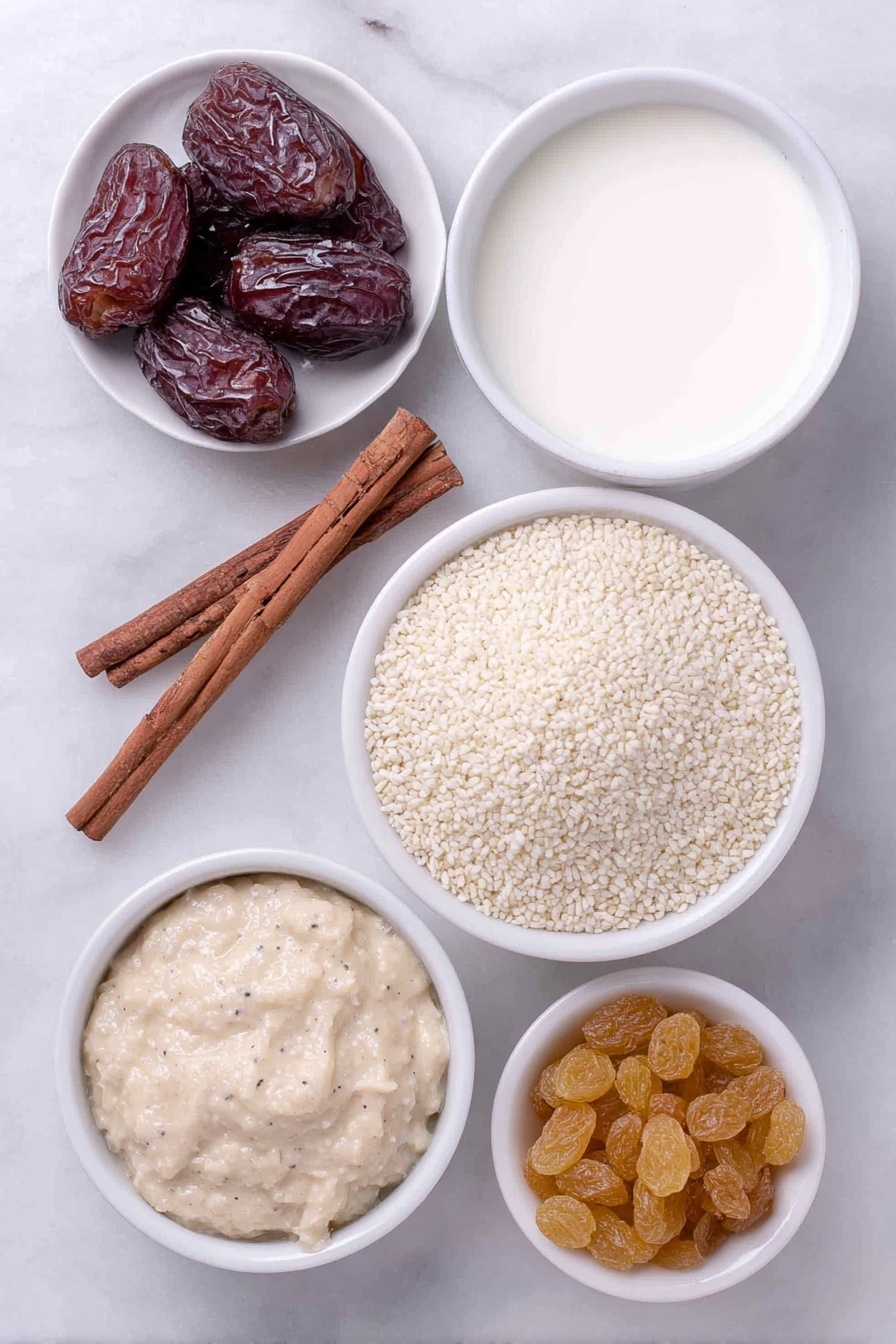 Creamy Rice Pudding with Vanilla and Cinnamon, rice pudding recipes, easy rice pudding, comforting dessert recipes, vanilla cinnamon rice pudding - Flat lay of a fresh cinnamon stick about 3 to 4 inches long, a small mound of white Arborio rice, a few plump golden raisins, a small white ceramic bowl filled with whole milk, a small white ceramic bowl filled with clear water, a small white ceramic bowl containing granulated sugar, a small white ceramic bowl with creamy vanilla bean paste showing tiny black vanilla seeds, all arranged symmetrically on a clean white marble surface, soft natural light, photo taken with an iPhone, professional food photography style, fresh ingredients, white ceramic bowls, no bottles, no duplicates, no utensils, no packaging --ar 2:3 --v 7 --p m7354615311229779997