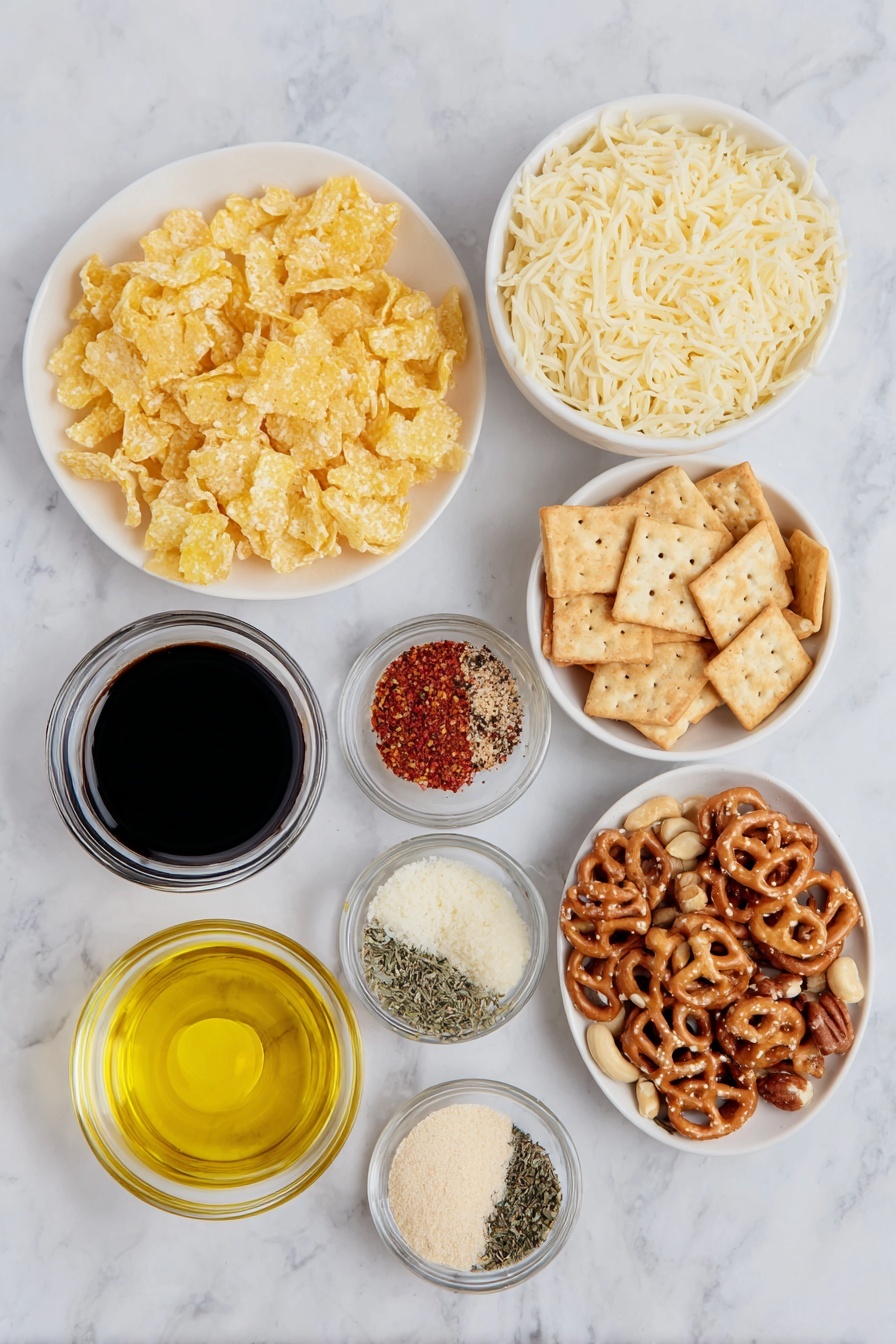 Christmas Eve Savory Snack Mix, savory holiday snack mix, holiday party snack recipes, crowd-pleasing snack mix, festive savory snacks - Flat lay of a small heap of original Shreddies cereal, a handful of mini pretzels, a small pile of salted mixed nuts, a cluster of cheese crackers, a small white ceramic bowl with melted butter, a small white ceramic bowl with golden olive oil, a small white ceramic bowl each containing dark balsamic vinegar and clear rice vinegar, a small white ceramic bowl with dark Worcestershire sauce, tiny white ceramic bowls with garlic powder, onion powder, dried basil, dried oregano, dried parsley, dried red chili flakes, salt, and ground black pepper, and a small mound of finely grated parmesan cheese on a simple white ceramic plate, all arranged symmetrically and naturally, placed on a clean white marble surface, soft natural light, photo taken with an iPhone, professional food photography style, fresh ingredients, white ceramic bowls, no bottles, no duplicates, no utensils, no packaging --ar 2:3 --v 7 --p m7354615311229779997