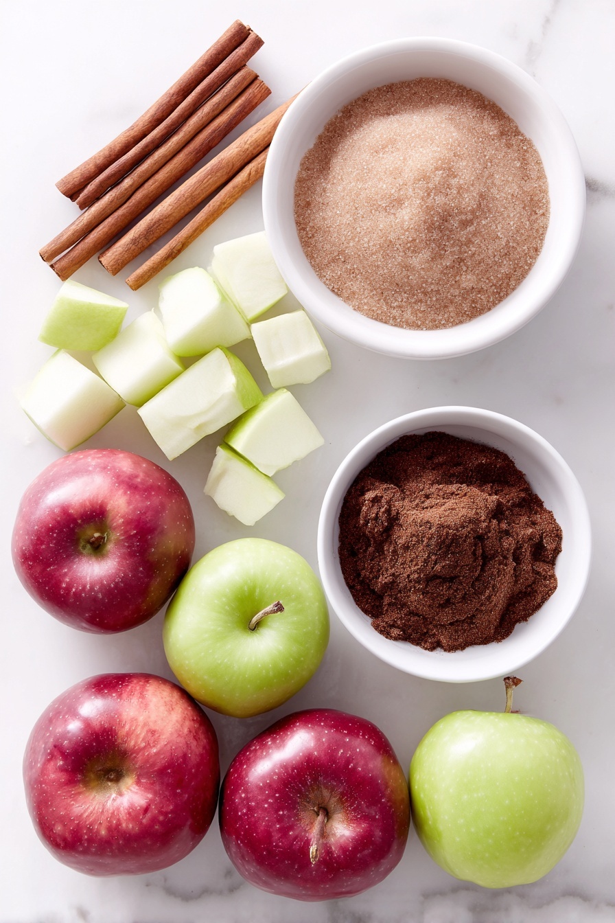Homemade Apple Cider, apple cider recipe, fall warm drinks, homemade cider, cozy apple drink - Flat lay of ten fresh quartered red and green apples, a small white ceramic bowl filled with light brown packed sugar, four whole cinnamon sticks neatly arranged, and a small white ceramic bowl containing ground allspice, all placed symmetrically on a clean white marble surface, soft natural light, photo taken with an iPhone, professional food photography style, fresh ingredients, white ceramic bowls, no bottles, no duplicates, no utensils, no packaging --ar 2:3 --v 7 --p m7354615311229779997