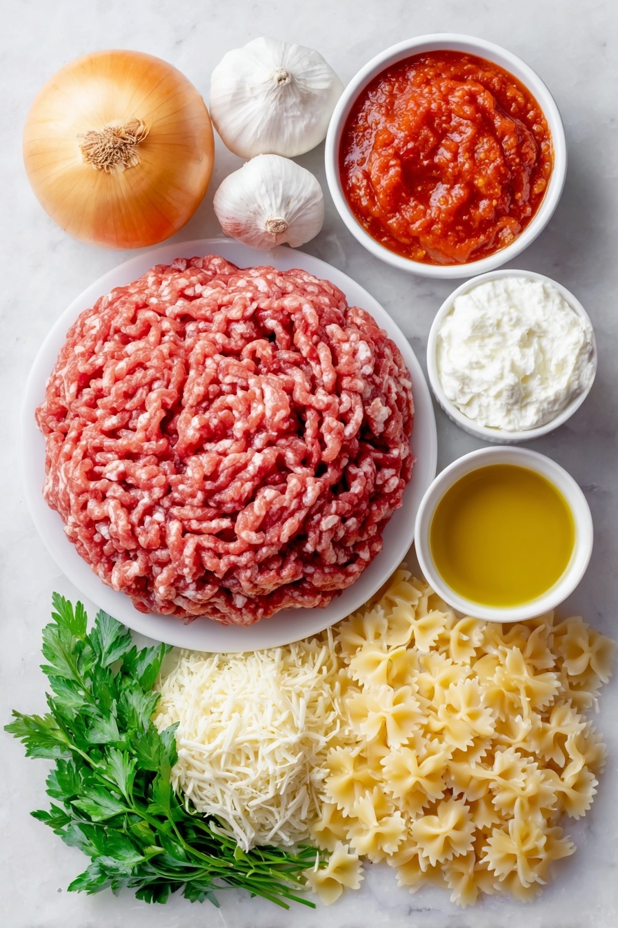 Lasagna Soup, easy lasagna soup, comforting soup recipes, quick weeknight dinners, Italian soup ideas - Flat lay of a small puddle of golden olive oil shimmering on a simple white ceramic plate, a mound of fresh raw ground beef, one whole large yellow onion with smooth skin, four whole unpeeled garlic cloves, a small white bowl filled with bright red diced fresh tomatoes with juice, another small white bowl holding thick red tomato sauce, a third small white bowl with a dense smear of deep red tomato paste, a simple white ceramic bowl with clear golden chicken broth, a handful of uncooked bowtie (farfalle) pasta scattered neatly, a small white bowl of creamy white ricotta cheese, another small white bowl of shredded mozzarella cheese, a delicate pile of freshly shaved pale yellow Parmesan cheese, and a small bunch of vivid green fresh parsley sprigs arranged symmetrically, all placed on a clean white marble surface, soft natural light, photo taken with an iPhone, professional food photography style, fresh ingredients, white ceramic bowls, no bottles, no duplicates, no utensils, no packaging --ar 2:3 --v 7 --p m7354615311229779997