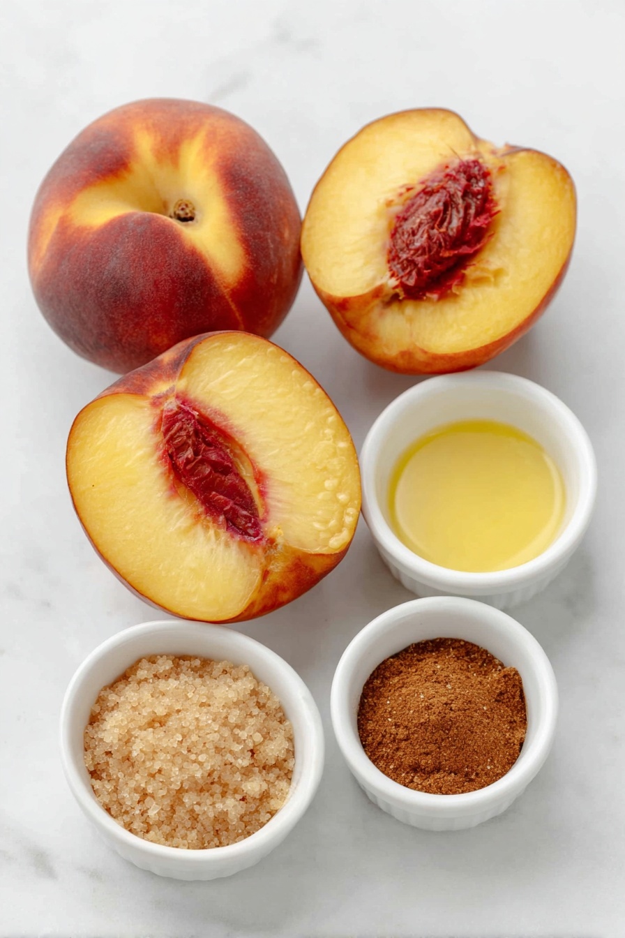 Air Fryer Cinnamon Peaches, Cinnamon Peach Dessert, Easy Air Fryer Fruit Recipe, Caramelized Peaches in Air Fryer, Quick Peach Dessert - Flat lay of four ripe, firm peaches halved and pitted, a small white ceramic bowl of melted golden butter, a small white ceramic bowl filled with light brown soft brown sugar, a small white ceramic bowl with warm brown cinnamon powder, all arranged symmetrically and balanced on a clean white marble surface, soft natural light, photo taken with an iPhone, professional food photography style, fresh ingredients, white ceramic bowls, no bottles, no duplicates, no utensils, no packaging --ar 2:3 --v 7 --p m7354615311229779997