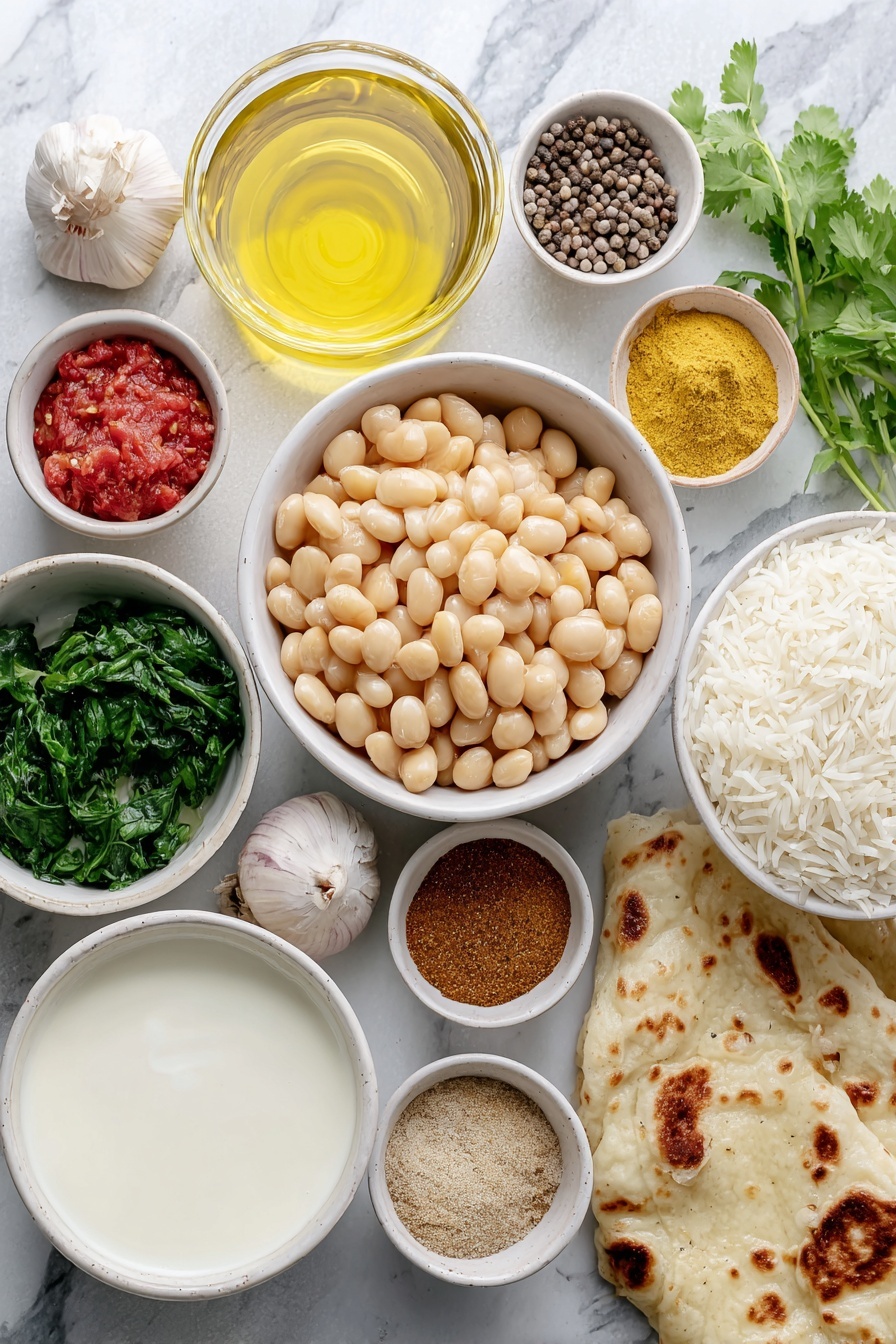 Creamy Butter Bean Curry with Coconut, butter bean curry recipe, vegan coconut curry, plant-based curry recipes, easy homemade curry - Flat lay of a small white ceramic bowl of drained butter beans, a small yellow onion whole and unpeeled, five whole garlic cloves with skins, a small white ceramic bowl of golden canola oil, a small white ceramic bowl of bright red chopped tomatoes, a small white ceramic bowl filled with creamy white coconut milk, a small white ceramic bowl of frozen spinach leaves still slightly frosted, a small white ceramic bowl with golden-yellow curry powder, a small white ceramic bowl with ground cumin, a small white ceramic bowl with ground coriander seeds, a small white ceramic bowl with brownish garam masala powder, a small white ceramic bowl with chili powder, a small white ceramic bowl of fine salt, a small white ceramic bowl of black peppercorns, a bunch of fresh green cilantro sprigs, a small white ceramic bowl of creamy white coconut yogurt, a neat mound of fluffy cooked basmati rice, and a piece of homemade naan bread, all arranged symmetrically with perfect proportions on a clean white marble surface, soft natural light, photo taken with an iPhone, professional food photography style, fresh ingredients, white ceramic bowls, no bottles, no duplicates, no utensils, no packaging --ar 2:3 --v 7 --p m7354615311229779997