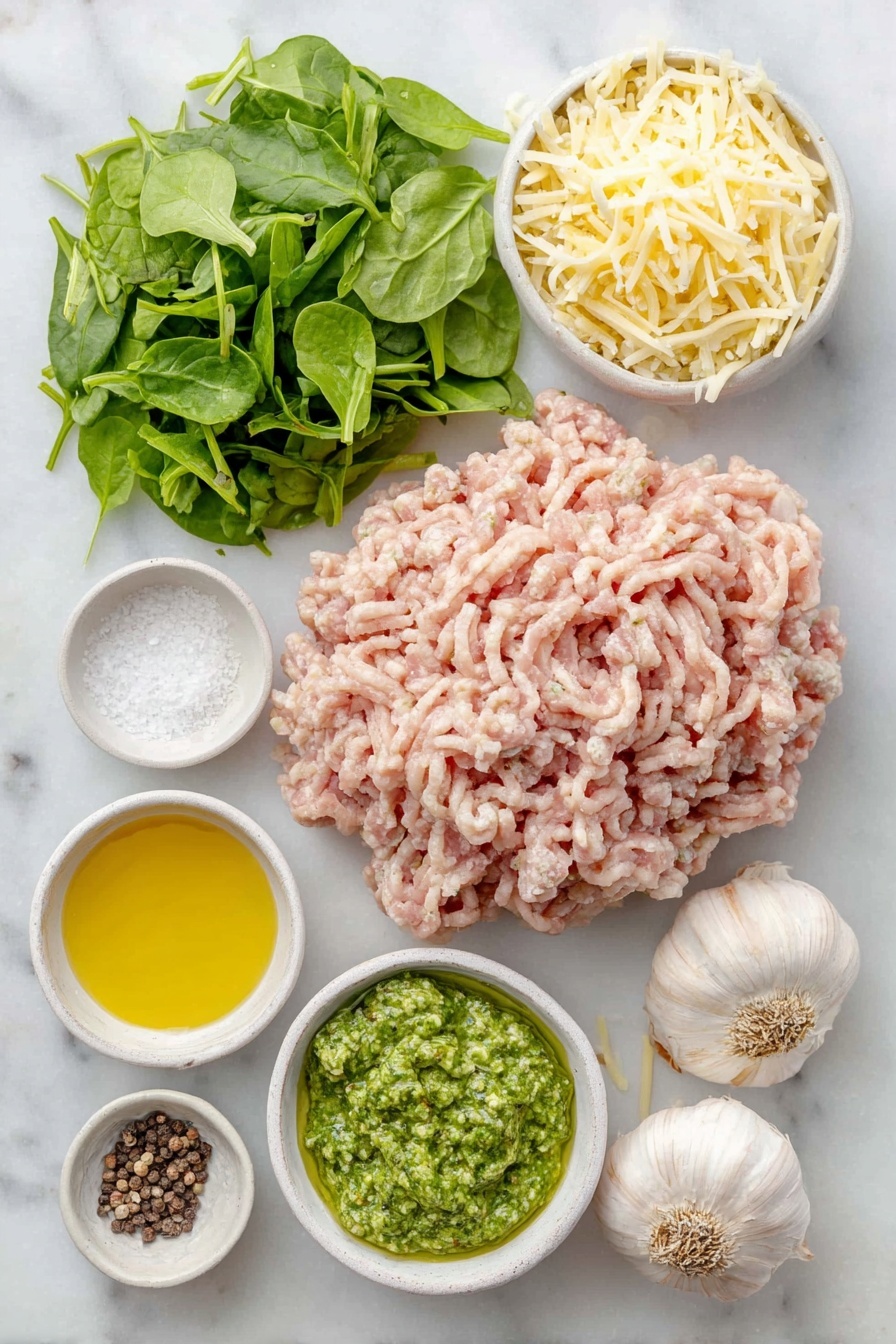 Chicken Spinach Burgers with Mozzarella, healthy chicken burger recipes, easy spinach burger ideas, cheesy chicken burger recipes, nutritious burger dishes - Flat lay of a mound of fresh lean ground chicken, a small pile of bright chopped fresh spinach, a small heap of shredded mozzarella cheese, a small white ceramic bowl of vivid green pesto sauce, two whole garlic bulbs with papery skins, a small white ceramic bowl of coarse kosher salt, a small white ceramic bowl of cracked black peppercorns, a small white ceramic bowl of golden canola oil placed symmetrically, all arranged in perfect balance on a clean white marble surface, soft natural light, photo taken with an iPhone, professional food photography style, fresh ingredients, white ceramic bowls, no bottles, no duplicates, no utensils, no packaging --ar 2:3 --v 7 --p m7354615311229779997