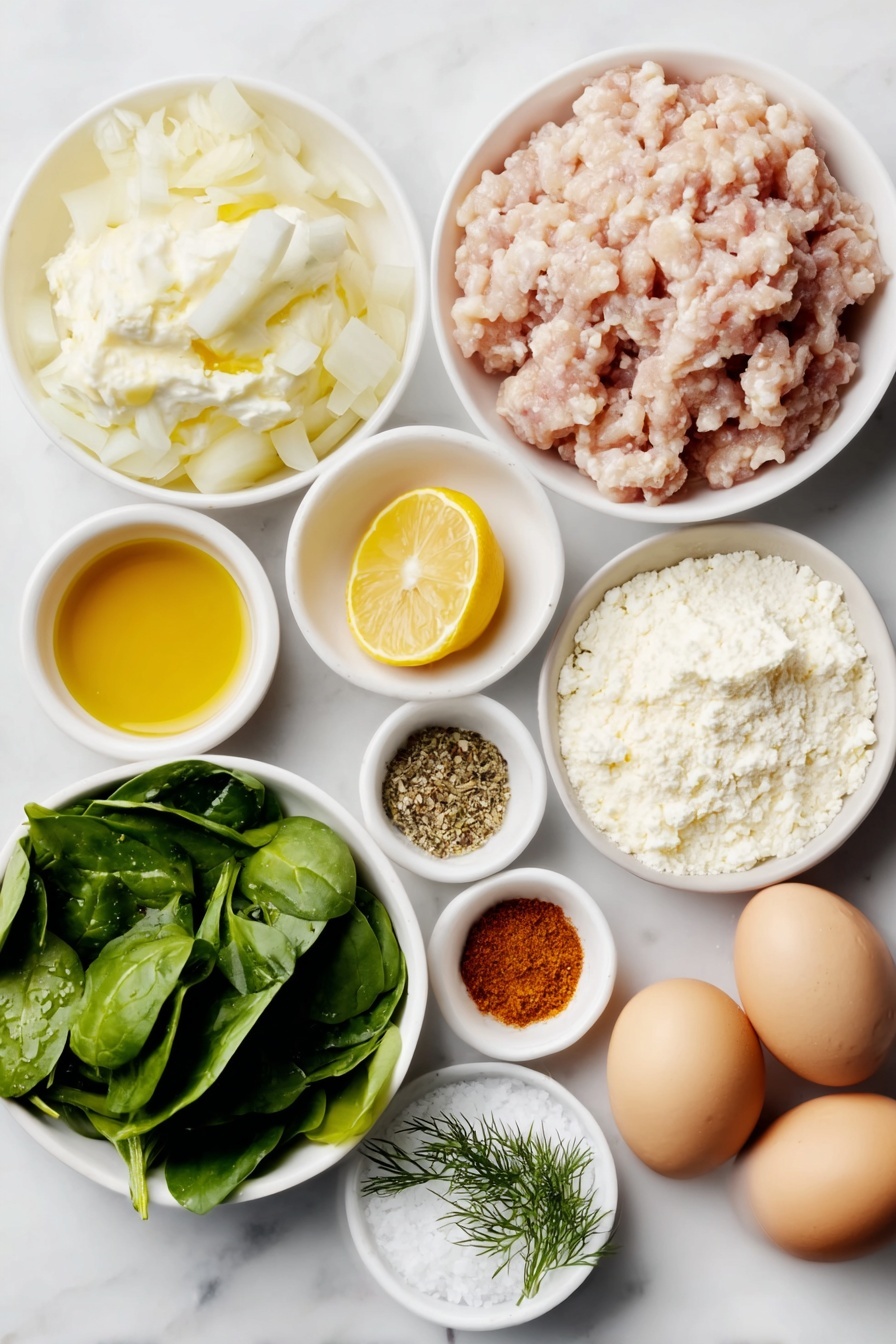 Mediterranean Chicken Patties, Greek chicken patties, healthy chicken patties, easy Mediterranean dinner, flavorful chicken burger - Flat lay of a medium diced onion, a small pile of minced garlic cloves, a handful of bright baby spinach leaves, a mound of raw ground chicken, a small white ceramic bowl with golden olive oil, a small white ceramic bowl of fine light breadcrumbs, a small white ceramic bowl of thick creamy Greek yogurt, fresh sprigs of finely chopped dill, half a fresh lemon cut to show juicy pulp, a small white ceramic bowl with dried oregano, a small white ceramic bowl with vibrant paprika powder, a small white ceramic bowl with ground cumin powder, a small white ceramic bowl of coarse salt, a small white ceramic bowl with ground black peppercorns, whole uncracked brown eggs placed in a line next to the ingredients, all arranged symmetrically with perfect proportions on a clean white marble surface, soft natural light, photo taken with an iPhone, professional food photography style, fresh ingredients, white ceramic bowls, no bottles, no duplicates, no utensils, no packaging --ar 2:3 --v 7 --p m7354615311229779997