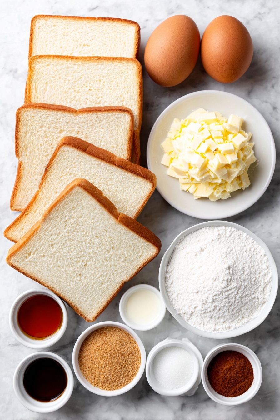 Cinnamon Roll French Toast Roll Ups, cinnamon roll breakfast, easy French toast recipes, weekend breakfast ideas, cinnamon dessert breakfast - Flat lay of eight uncut rectangular slices of white sandwich bread, a small mound of softened pale yellow unsalted butter on a simple white ceramic plate, a small white bowl filled with light brown sugar, a small white bowl of golden granulated sugar mixed with ground cinnamon powder, a small white bowl containing smooth ground cinnamon powder, two whole brown eggs with clean shells, a small white bowl of creamy milk, a small white bowl with clear vanilla extract, and a small white bowl filled with amber maple syrup, all ingredients arranged symmetrically and naturally on a clean white marble surface, soft natural light, photo taken with an iPhone, professional food photography style, fresh ingredients, white ceramic bowls, no bottles, no duplicates, no utensils, no packaging --ar 2:3 --v 7 --p m7354615311229779997