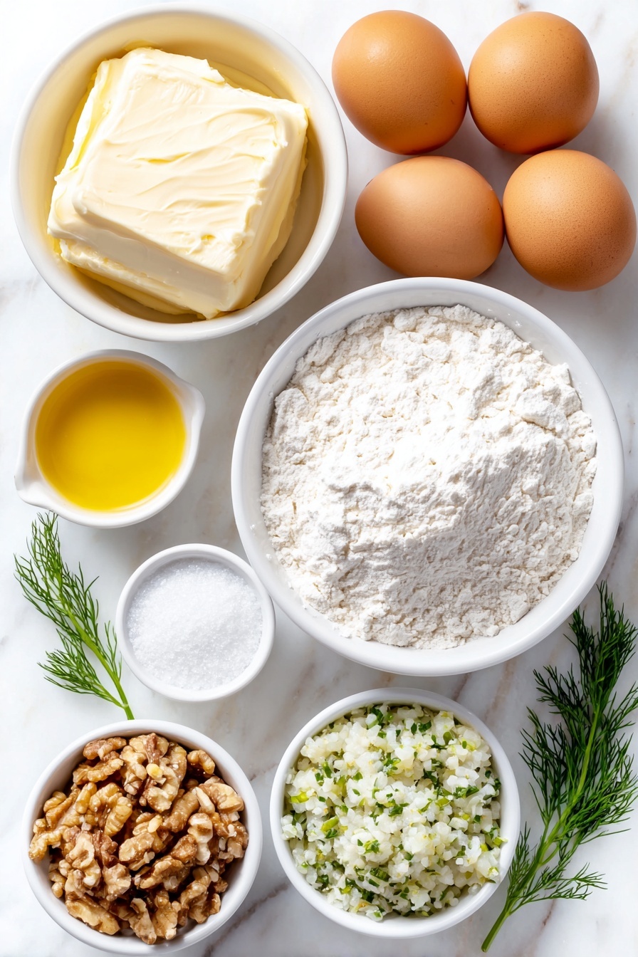 Dill Pickle Cake, unique cake recipes, tangy dessert ideas, pickle flavored cake, surprising dessert recipes - Flat lay of a small mound of softened unsalted butter, a small white ceramic bowl of golden vegetable oil, a neat pile of granulated sugar crystals, four large whole brown eggs with clean shells, a small white ceramic bowl with pale amber vanilla extract, a heap of all-purpose flour, a small white ceramic bowl holding baking powder, a small white ceramic bowl with fine salt, a small white ceramic bowl of garlic powder, a small white ceramic bowl filled with finely chopped dill pickles glistening with moisture, a small white ceramic bowl containing pale green dill pickle juice, a handful of chopped walnuts, and a few sprigs of fresh bright green dill, placed on a clean white marble surface, soft natural light, photo taken with an iPhone, professional food photography style, fresh ingredients, white ceramic bowls, no bottles, no duplicates, no utensils, no packaging --ar 2:3 --v 7 --p m7354615311229779997