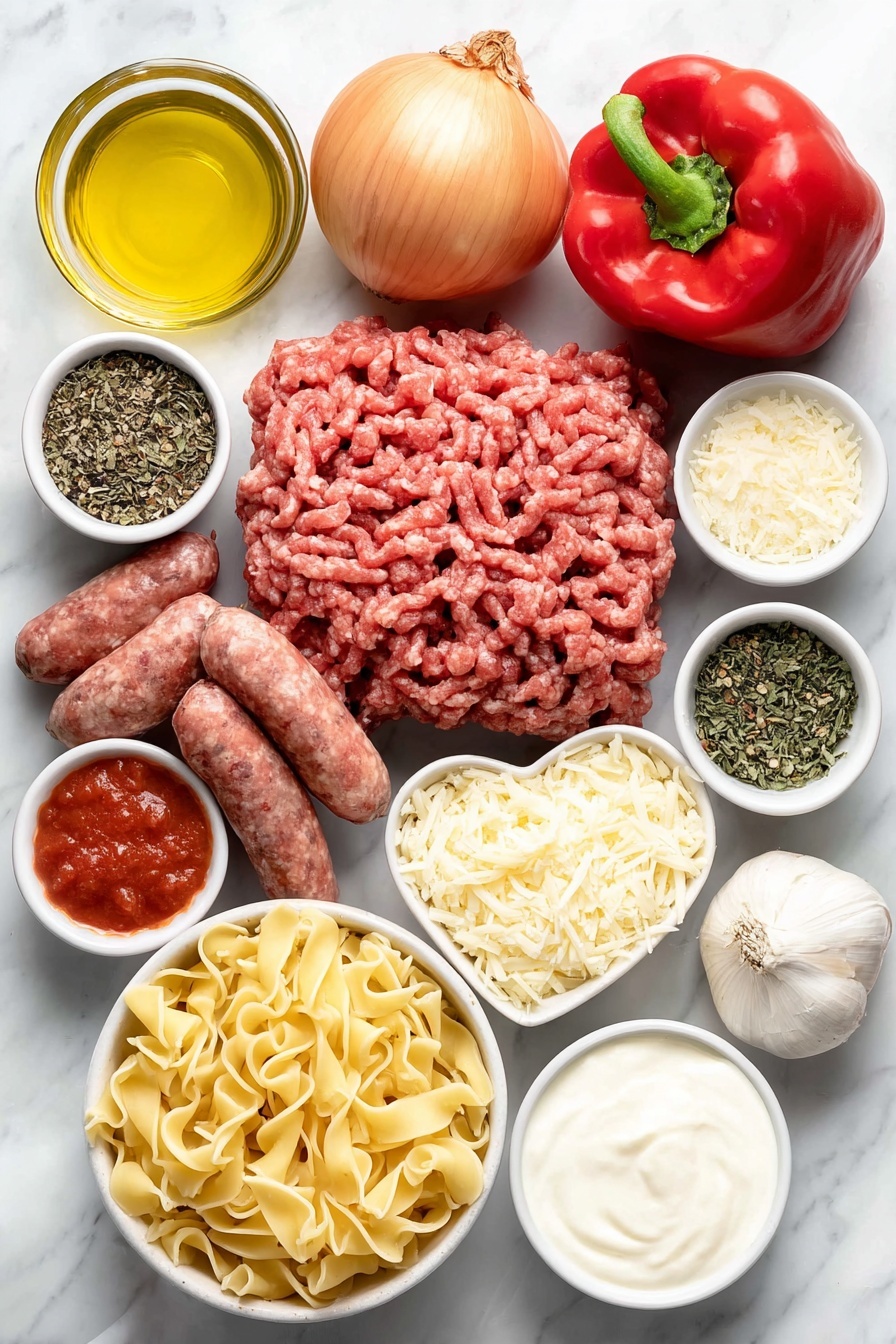 Spicy Lasagna Soup, Italian soup recipes, easy weeknight dinners, cheesy soup recipes, spicy sausage soup - Flat lay of a small white ceramic bowl of extra virgin olive oil, a whole yellow onion with papery skin, a few celery stalks with leaves, two whole red bell peppers, six cloves of garlic with skins, raw ground beef formed into a rough mound, raw spicy Italian sausage links, small white ceramic bowls with dried basil, dried oregano, and dried thyme, a small white ceramic bowl of red pepper flakes, a small white ceramic bowl of bright red tomato paste, a small white ceramic bowl of dry white wine, a white ceramic bowl filled with crushed tomatoes, a small white ceramic bowl of creamy coconut milk, a pile of broken lasagna noodles, a small white ceramic bowl holding shredded provolone cheese, and a small white ceramic bowl of grated parmesan cheese, all ingredients fresh and natural, perfectly arranged with balanced layout and symmetry, placed on a clean white marble surface, soft natural light, photo taken with an iPhone, professional food photography style, fresh ingredients, white ceramic bowls, no bottles, no duplicates, no utensils, no packaging --ar 2:3 --v 7 --p m7354615311229779997