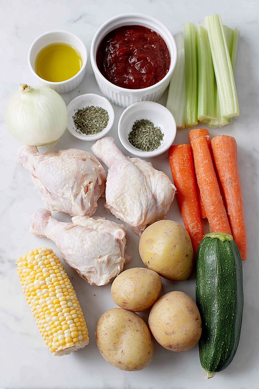 Healthy Chicken Soup, healthy chicken soup recipe, nourishing chicken soup, easy chicken soup, wholesome chicken soup - Flat lay of two large skinless boneless chicken breasts, two whole chicken legs with bone, a small white bowl with golden olive oil, a quarter of a medium white onion roughly chopped, two celery sticks chopped, four large whole carrots, two whole garlic cloves, a small white bowl filled with deep red tomato sauce, two whole chicken bouillon cubes, a small white bowl of coarse kosher salt, a small white bowl of ground black pepper, a small white bowl of dried Mexican oregano, a small bunch of fresh cilantro leaves, one corn on the cob cut into five pieces, one whole chayote with smooth green skin, two large russet potatoes cut into thick cubes with skin on, two medium zucchinis cut into thick cubes with bright green skin, placed on a clean white marble surface, soft natural light, photo taken with an iPhone, professional food photography style, fresh ingredients, white ceramic bowls, no bottles, no duplicates, no utensils, no packaging --ar 2:3 --v 7 --p m7354615311229779997