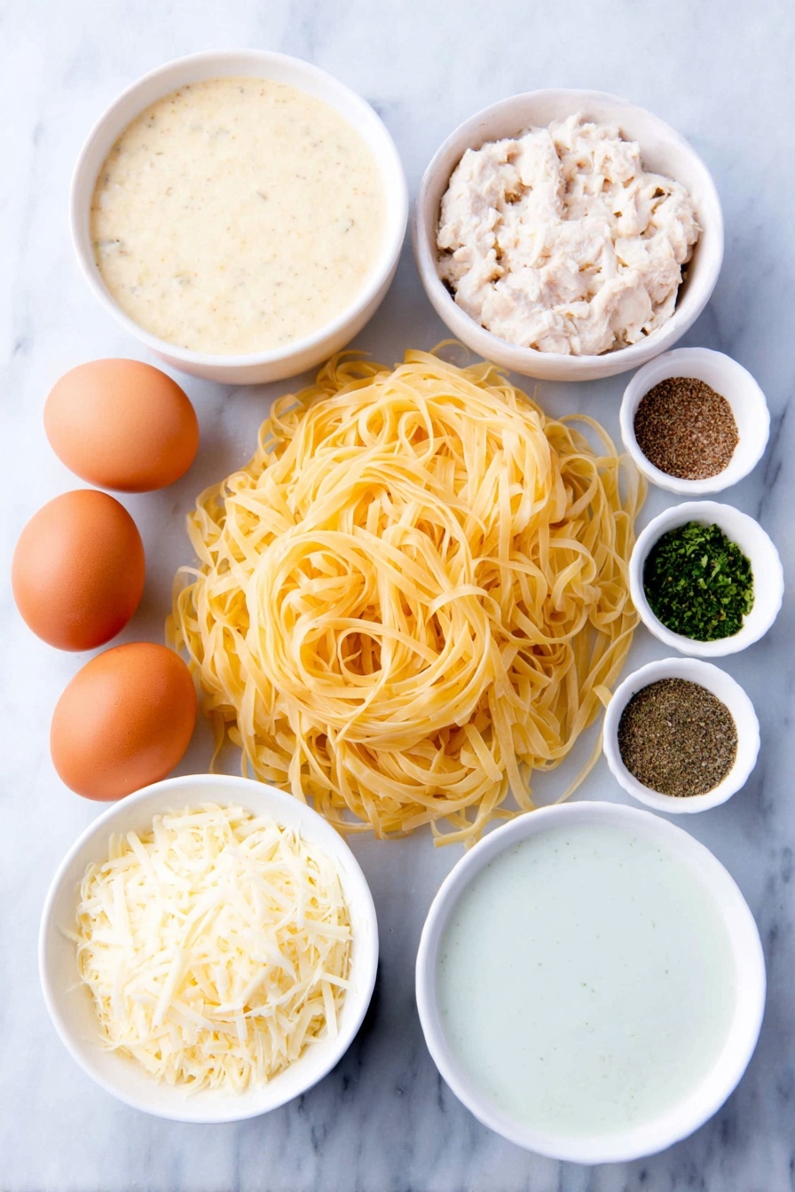 Chicken Tetrazzini Bake, creamy chicken casserole, easy weeknight dinner, cheesy chicken bake, comfort food casserole - Flat lay of linguine pasta nest, chopped cooked rotisserie chicken pieces, small white bowls with creamy chicken soup, creamy mushroom soup, sour cream, melted butter, chicken broth, white ceramic bowl with grated Parmesan cheese, white ceramic bowl with shredded mozzarella cheese, white ceramic bowl holding dried parsley, white ceramic bowls with salt, black pepper, and garlic powder, whole uncracked brown eggs placed symmetrically around the composition, placed on a clean white marble surface, soft natural light, photo taken with an iPhone, professional food photography style, fresh ingredients, white ceramic bowls, no bottles, no duplicates, no utensils, no packaging --ar 2:3 --v 7 --p m7354615311229779997