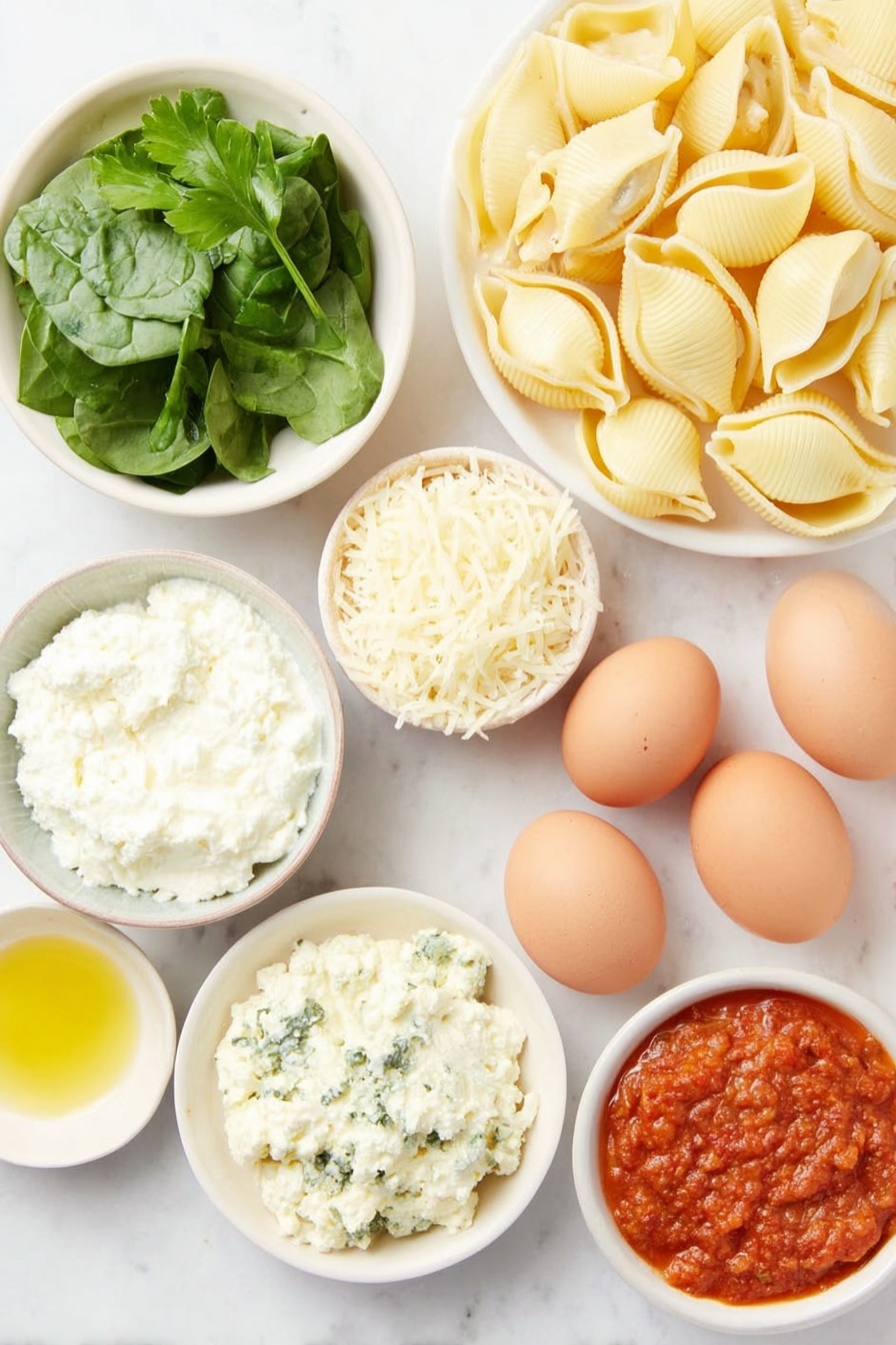 Cheese Stuffed Shells with Spinach, cheese stuffed shells, spinach stuffed pasta, baked stuffed shells, cheesy spinach pasta - Flat lay of fresh jumbo pasta shells arranged neatly, a small white bowl of bright green fresh spinach leaves, a small white bowl with creamy white ricotta cheese, a small white bowl with shredded mozzarella cheese, a small white bowl with grated Parmesan cheese, a small white bowl of smooth cream cheese, three whole uncracked brown eggs, three cloves of fresh garlic, a small white bowl containing rich red marinara sauce, a small white bowl with golden olive oil, a few sprigs of fresh green parsley, placed on a clean white marble surface, soft natural light, photo taken with an iPhone, professional food photography style, fresh ingredients, white ceramic bowls, no bottles, no duplicates, no utensils, no packaging --ar 2:3 --v 7 --p m7354615311229779997