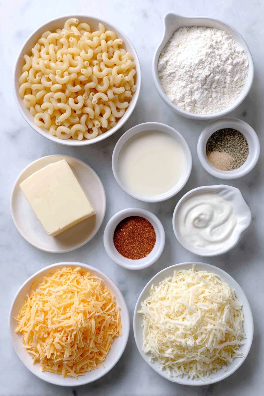 Decadent Mac and Cheese Bake, cheesy baked mac and cheese, easy comfort food recipes, creamy baked pasta, best mac and cheese dishes - Flat lay of cavatappi noodles in a simple white ceramic bowl, a few cubes of unsalted butter on a small white plate, a small white bowl filled with all-purpose flour, another small white bowl containing whole milk, a small white bowl with evaporated milk, a small white bowl holding smooth Dijon mustard, a small white bowl with garlic powder, a small white bowl with onion powder, a small white bowl with dried parsley, a small white bowl with black pepper, a pile of freshly shredded cheddar cheese on a white plate, a pile of freshly shredded Monterey Jack cheese on another white plate, a pile of freshly shredded Gruyère cheese on a white plate, a small white bowl of sour cream, a small white bowl of seasoned panko breadcrumbs, and a small white bowl with melted butter, arranged symmetrically and balanced, all placed on a clean white marble surface, soft natural light, photo taken with an iPhone, professional food photography style, fresh ingredients, white ceramic bowls, no bottles, no duplicates, no utensils, no packaging --ar 2:3 --v 7 --p m7354615311229779997