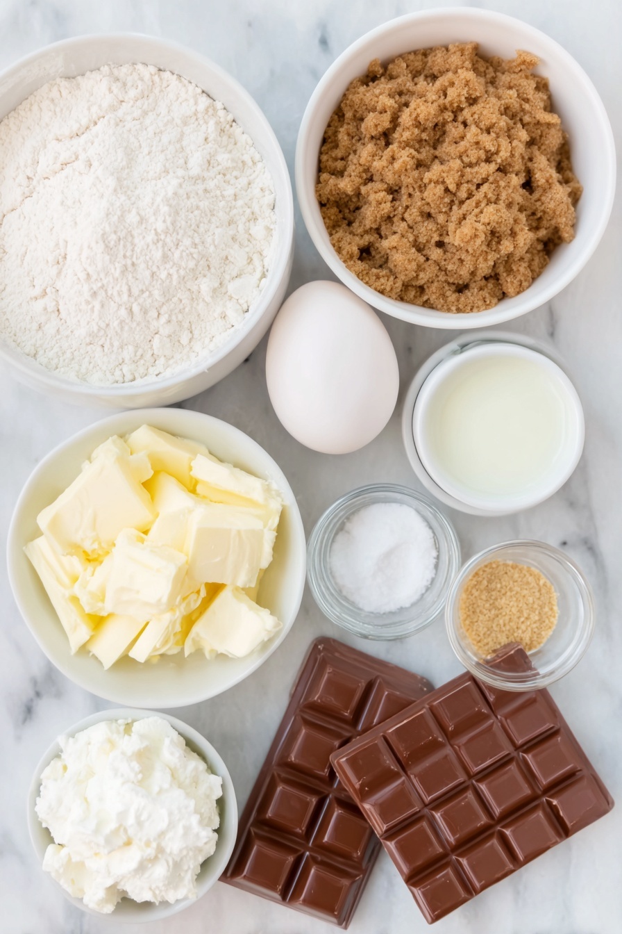 Cookie Butter S'mores Blondies, cookie butter blondies, s'mores blondies recipe, easy blondies with cookie butter, decadent s'mores dessert - Flat lay of a small white ceramic bowl of melted unsalted butter, a few heaping tablespoons of brown sugar loosely piled on a white ceramic plate, one large whole egg with a clean shell, a small white ceramic bowl of clear vanilla extract, a small white ceramic bowl filled with all-purpose flour, a small white ceramic bowl with finely ground graham cracker crumbs, a pinch of salt and baking soda arranged as small white ceramic bowls of fine white powders, three unwrapped large rectangular milk chocolate bars broken into pieces, a small white ceramic bowl with creamy cookie butter, and a small white ceramic bowl of fluffy white marshmallow fluff, all arranged in perfect symmetry and balanced proportions, placed on a clean white marble surface, soft natural light, photo taken with an iPhone, professional food photography style, fresh ingredients, white ceramic bowls, no bottles, no duplicates, no utensils, no packaging --ar 2:3 --v 7 --p m7354615311229779997