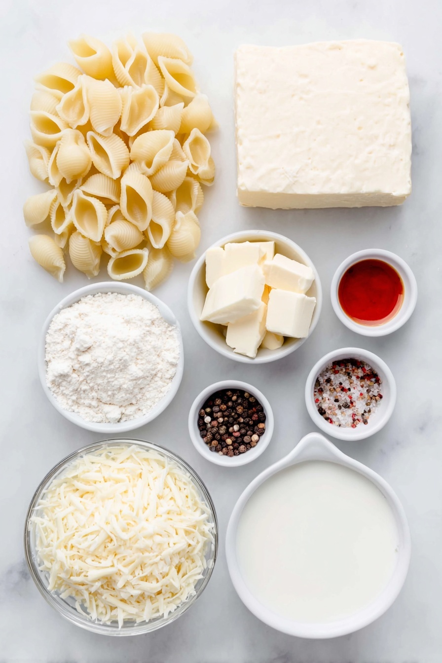 Creamy Mac and Cheese, creamy mac and cheese recipe, homemade mac and cheese, cheesy mac and cheese, best mac and cheese - Flat lay of medium pasta shells in a small pile, a chunk of white cheddar block next to a small mound of shredded white cheddar cheese, a small white ceramic bowl of cubed butter, a small white ceramic bowl of white flour powder, a small white ceramic bowl filled with heavy cream, a small white ceramic bowl filled with whole milk, a small white ceramic bowl containing a pale yellow mustard powder, a small white ceramic bowl with a few drops of orange-red hot sauce, a small white ceramic bowl of coarse salt crystals, a small white ceramic bowl of whole black peppercorns, all arranged symmetrically and balanced on a clean white marble surface, soft natural light, photo taken with an iPhone, professional food photography style, fresh ingredients, white ceramic bowls, no bottles, no duplicates, no utensils, no packaging --ar 2:3 --v 7 --p m7354615311229779997