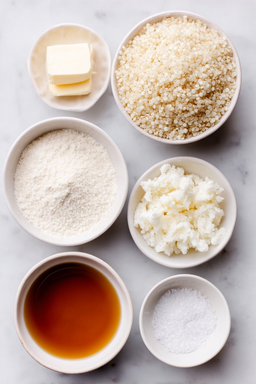 Garlic Butter Quinoa, flavorful quinoa side dish, easy garlic butter quinoa, quick quinoa recipes, best side dishes with quinoa - Flat lay of a small mound of uncooked white quinoa grains, a few curls of creamy vegan butter, a small white bowl filled with pale off-white garlic powder, a small white bowl of coarse sea salt crystals, and a small white bowl containing golden vegetable broth, all arranged in perfect symmetry on a clean white ceramic surface, placed on a clean white marble surface, soft natural light, photo taken with an iPhone, professional food photography style, fresh ingredients, white ceramic bowls, no bottles, no duplicates, no utensils, no packaging --ar 2:3 --v 7 --p m7354615311229779997