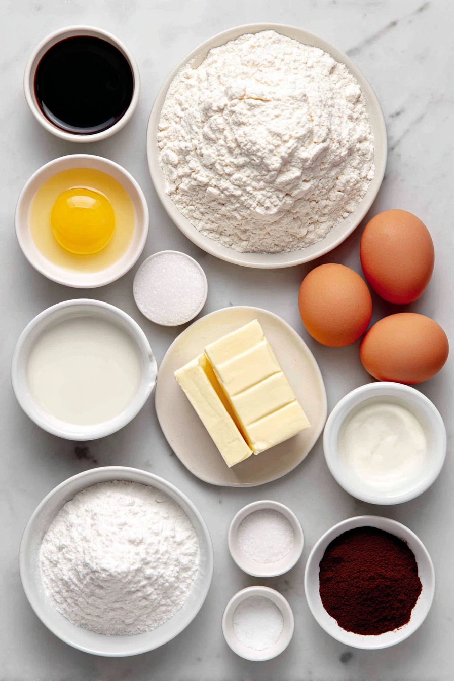 Cinnamon Roll Cake, easy cinnamon roll cake, moist cinnamon cake, cinnamon swirl dessert, quick cinnamon roll treat - Flat lay of a small pile of all-purpose flour on a white ceramic plate, a tablespoon of golden baking powder in a small white bowl, a pinch of coarse salt in another small white bowl, a mound of granulated sugar on a white plate, a small white bowl with melted unsalted butter shimmering, a small white bowl of whole milk, two large whole brown eggs with clean shells arranged side by side, a small white bowl holding clear vanilla extract, a small white bowl with packed light brown sugar, a softened slab of unsalted butter on a white plate, a tablespoon of pale all-purpose flour on a white plate, a small white bowl filled with warm ground cinnamon powder, a small white bowl containing powdered sugar, a smaller white bowl with milk for glaze, and a tiny white bowl with vanilla extract—all ingredients shown fresh and natural, perfectly arranged in balanced, symmetrical composition placed on a clean white marble surface, soft natural light, photo taken with an iPhone, professional food photography style, fresh ingredients, white ceramic bowls, no bottles, no duplicates, no utensils, no packaging --ar 2:3 --v 7 --p m7354615311229779997