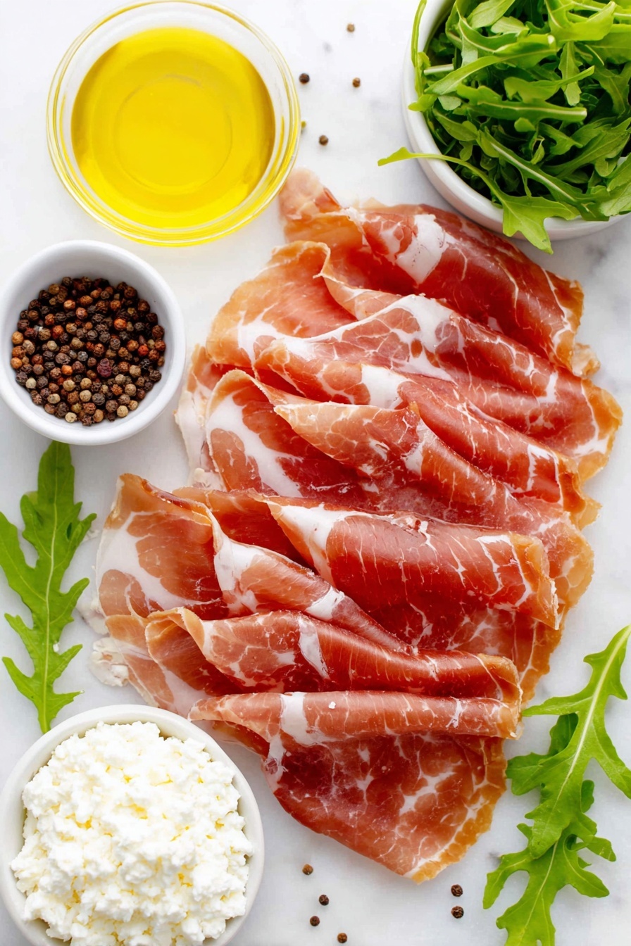 Fig and Prosciutto Roll-Ups, Fig and Prosciutto appetizer, easy Fig and Prosciutto snacks, elegant finger food with fig and prosciutto, quick party appetizers with figs - Flat lay of thick sliced prosciutto slices arranged flat, a small mound of soft lemon chèvre goat cheese, a small white bowl with dark fig preserves, fresh vibrant green arugula leaves, a small white bowl of golden extra virgin olive oil, a small white bowl with clear fresh lemon juice, whole black peppercorns scattered neatly beside, placed on a clean white marble surface, soft natural light, photo taken with an iPhone, professional food photography style, fresh ingredients, white ceramic bowls, no bottles, no duplicates, no utensils, no packaging --ar 2:3 --v 7 --p m7354615311229779997