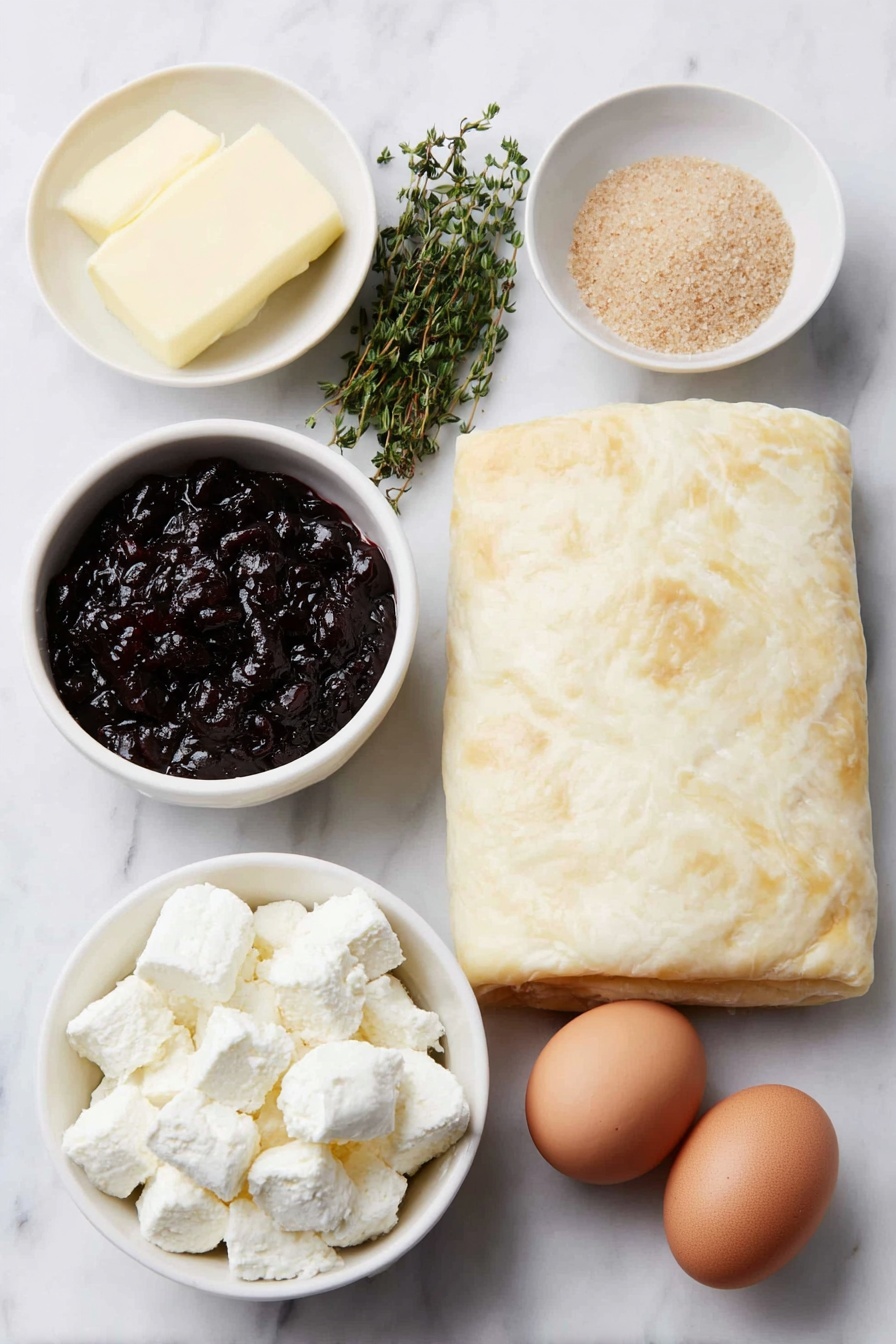 Fig and goat cheese puff pastry pinwheels, fig and goat cheese appetizer, easy fig and goat cheese appetizer, elegant puff pastry appetizers, quick fig and goat cheese bites - Flat lay of a single unrolled sheet of golden puff pastry, a small white ceramic bowl filled with glossy dark fig preserves, a neat pile of crumbly white goat cheese log pieces, a few sprigs of fresh green thyme, a small white bowl holding light brown sugar crystals, and one whole large brown egg with a clean shell, all arranged with perfect symmetry on a clean white marble surface, soft natural light, photo taken with an iPhone, professional food photography style, fresh ingredients, white ceramic bowls, no bottles, no duplicates, no utensils, no packaging --ar 2:3 --v 7 --p m7354615311229779997