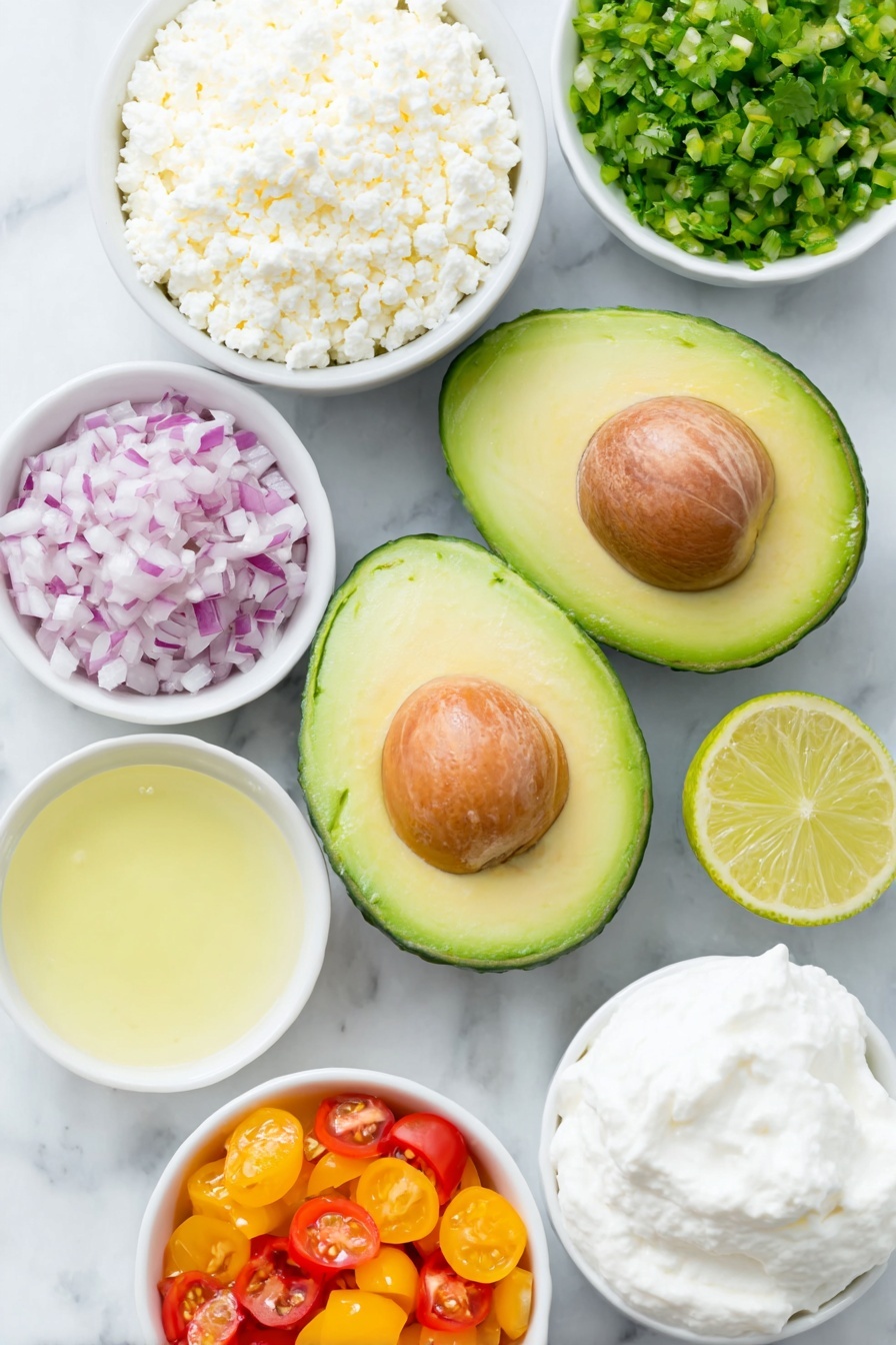 Creamy Guacamole with Cotija and Confetti Salsa, layered guacamole dip, festive avocado dip, Mexican-inspired guacamole, colorful salsa recipe - Flat lay of two ripe avocados halved with pit removed, a small white bowl of freshly squeezed lime juice, a small white bowl of fresh lemon juice, a small white bowl of kosher salt, a few sprigs of bright green minced cilantro, a small heap of finely chopped red onion, a small pile of minced green jalapeno pepper, a small white bowl filled with rich sour cream, a small white bowl of finely crumbled white cotija cheese, a small white bowl of creamy mascarpone cheese, a small white bowl of small diced red, orange, and yellow bell peppers, a small white bowl of halved bright red cherry tomatoes, placed on a clean white marble surface, soft natural light, photo taken with an iPhone, professional food photography style, fresh ingredients, white ceramic bowls, no bottles, no duplicates, no utensils, no packaging --ar 2:3 --v 7 --p m7354615311229779997