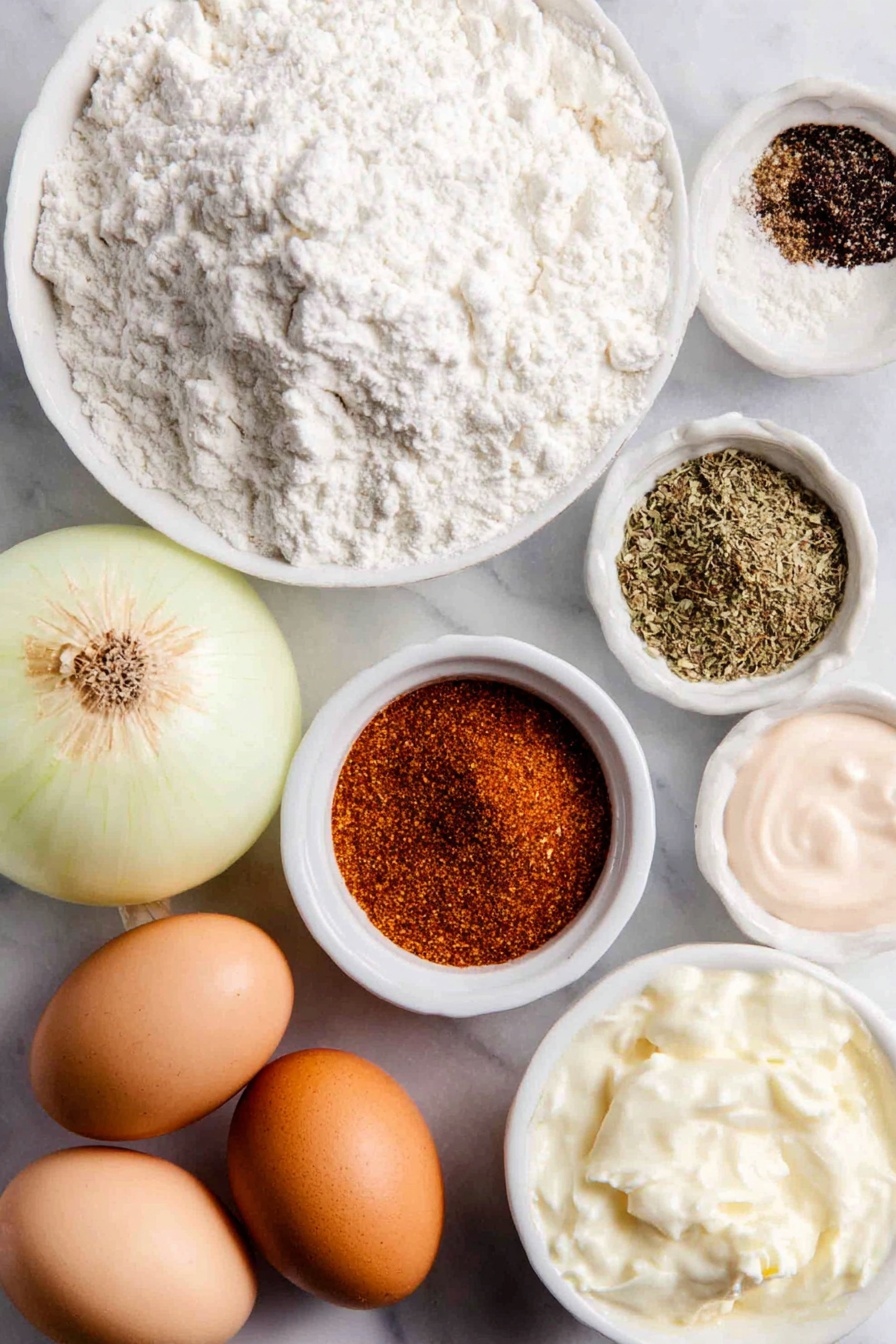 Perfect Blooming Onion, crispy onion appetizer, homemade blooming onion, onion flower recipe, baked onion bloom - Flat lay of a large white onion with its papery skin partially removed, a small white ceramic bowl filled with all-purpose flour, a small white ceramic bowl containing a vibrant mix of paprika, cayenne pepper, garlic powder, oregano, salt, and pepper, two whole brown eggs with clean shells, a small white ceramic bowl of fresh milk, a small white ceramic bowl holding creamy horseradish sauce, a small white ceramic bowl with pinkish Thousand Island dressing placed side by side, all arranged symmetrically and naturally on a clean white marble surface, soft natural light, photo taken with an iPhone, professional food photography style, fresh ingredients, white ceramic bowls, no bottles, no duplicates, no utensils, no packaging --ar 2:3 --v 7 --p m7354615311229779997