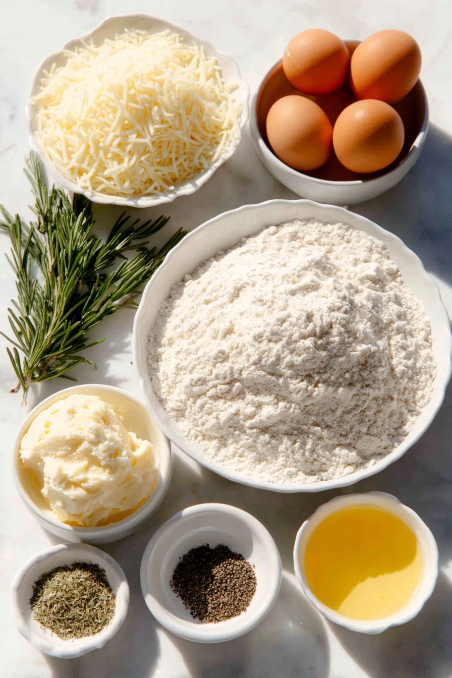 Mozzarella Stuffed Rosemary Soft Pretzels, cheesy soft pretzel recipe, homemade stuffed pretzels, rosemary infused pretzels, cheesy savory pretzel snacks - Flat lay of warm water in a small white ceramic bowl, a small mound of fresh chopped rosemary sprigs, a simple heap of all-purpose flour on a white plate, a portion of very soft unsalted butter shaped into a smooth dollop on a white dish, a few brown whole uncracked eggs neatly arranged, a small white ceramic bowl filled with shredded fresh mozzarella cheese, another small bowl holding finely grated parmesan cheese, a small white bowl with beaten egg wash (egg and water combined), a small white bowl of golden melted butter, a small dish containing garlic powder, a small pile of whole black peppercorns, and a pinch of coarse salt all evenly spaced and symmetrically arranged on a clean white marble surface, soft natural light, photo taken with an iPhone, professional food photography style, fresh ingredients, white ceramic bowls, no bottles, no duplicates, no utensils, no packaging --ar 2:3 --v 7 --p m7354615311229779997