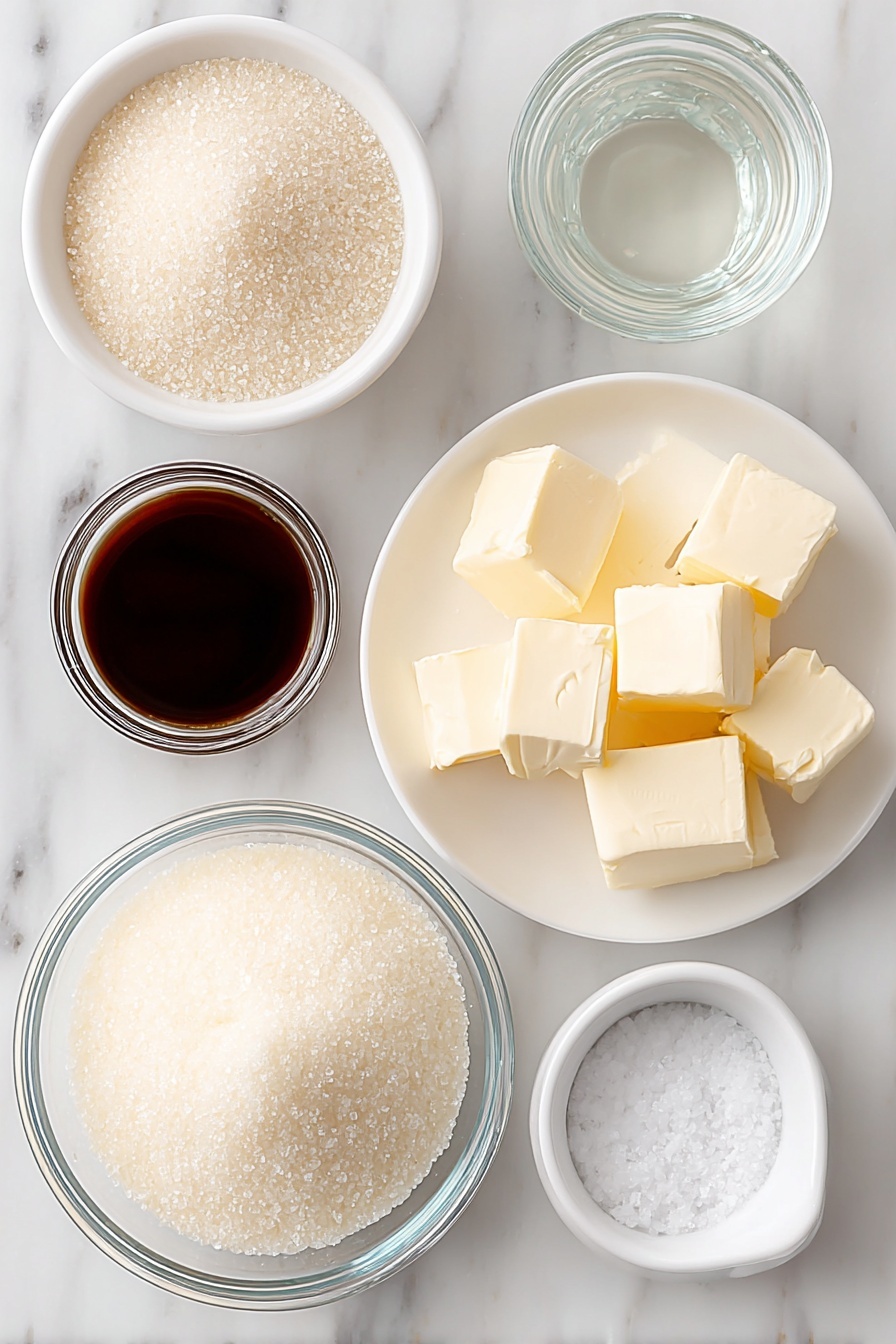 Homestyle Caramel Sauce, easy caramel sauce recipe, homemade caramel topping, quick caramel sauce, rich butter caramel - Flat lay of a small white ceramic bowl of granulated sugar, a small white ceramic bowl of clear water, several pieces of unsalted butter cut into chunks on a simple white ceramic plate, a small white ceramic bowl filled with fresh heavy cream, a small white ceramic bowl with clear vanilla extract, and a small pinch of coarse salt on a white ceramic dish, all arranged with perfect symmetry and realistic proportions, placed on a clean white marble surface, soft natural light, photo taken with an iPhone, professional food photography style, fresh ingredients, white ceramic bowls, no bottles, no duplicates, no utensils, no packaging --ar 2:3 --v 7 --p m7354615311229779997