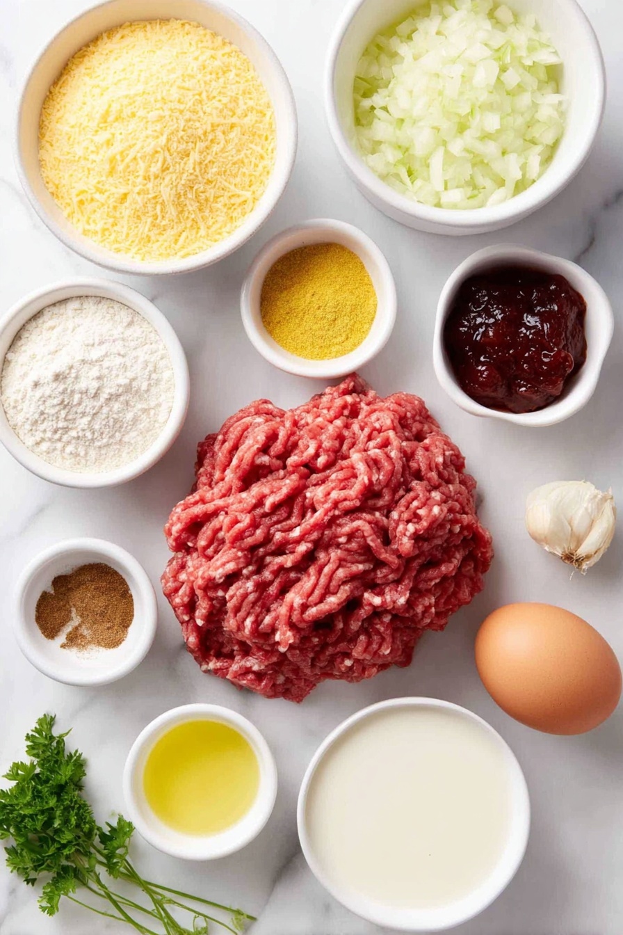 Swedish Meatballs with Creamy Gravy, Swedish meatballs, creamy gravy recipe, comfort food, homemade Swedish meatballs - Flat lay of fresh ground beef shaped loosely in a small mound, a small white ceramic bowl filled with golden breadcrumbs, a small white ceramic bowl holding finely chopped white onion, one peeled garlic clove resting whole, a few sprigs of fresh green parsley, a small white ceramic bowl containing bright yellow ground nutmeg powder, a small white ceramic bowl with warm brown allspice powder, a small white ceramic bowl filled with coarse black pepper, one large whole brown egg with a clean shell, a small white ceramic bowl of creamy whole milk, a small white ceramic bowl with clear golden cooking oil, a small white ceramic bowl filled with softened pale yellow butter, a small white ceramic bowl holding white flour, a small white ceramic bowl containing rich brown beef broth, a small white ceramic bowl of smooth Dijon mustard pale yellow in color, a small white ceramic bowl with vibrant red lingonberry jam, all ingredients evenly spaced and symmetrically arranged on a clean white marble surface, soft natural light, photo taken with an iPhone, professional food photography style, fresh ingredients, white ceramic bowls, no bottles, no duplicates, no utensils, no packaging --ar 2:3 --v 7 --p m7354615311229779997