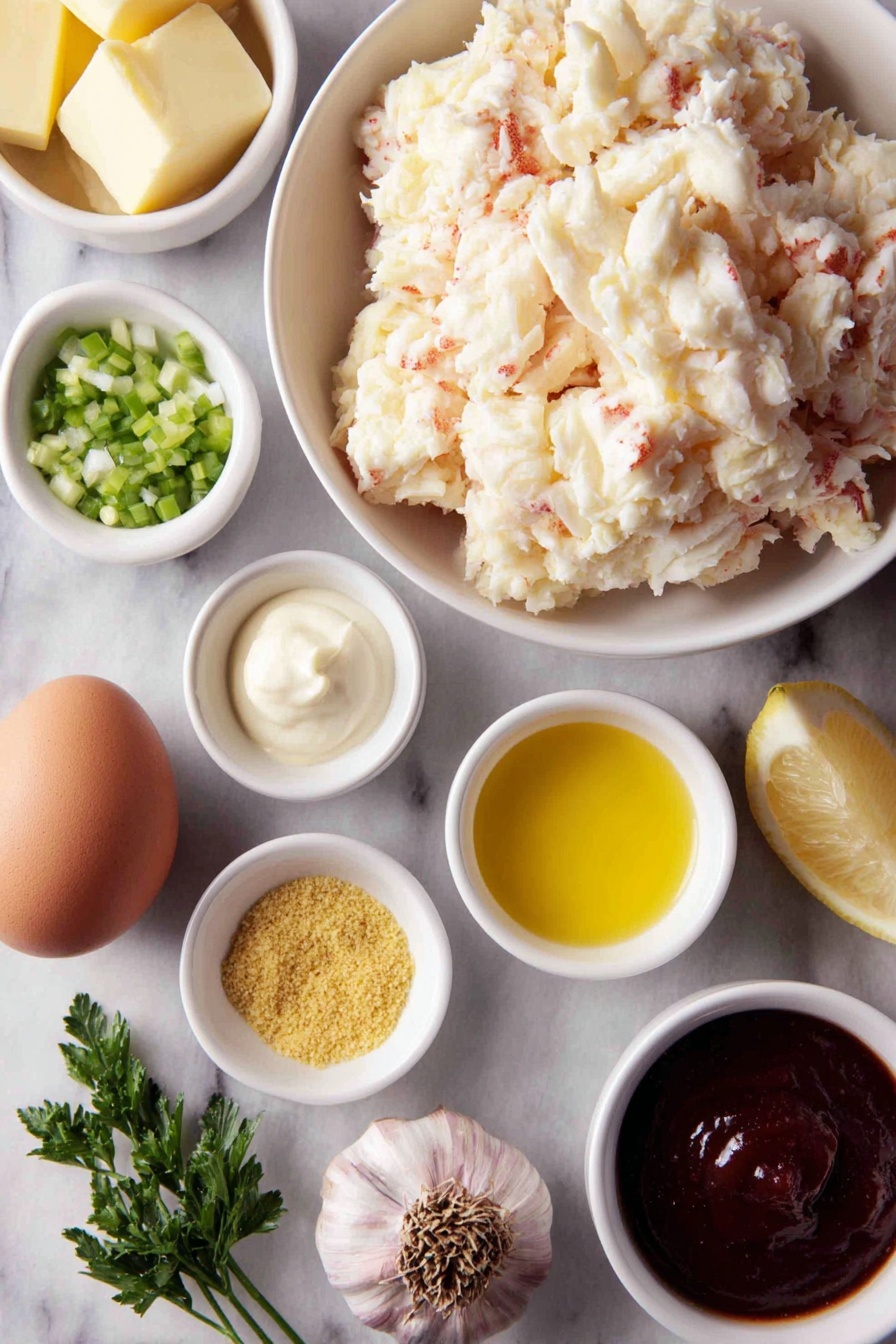 Spicy Crab Cake Poppers, crab cake appetizers, spicy seafood bites, crunchy crab bites, easy crab appetizers - Flat lay of fresh jumbo lump crab meat, two tablespoons golden butter, a small white bowl of diced bright green onions, a small white bowl of diced vibrant red bell pepper, a small white bowl of diced pale green celery, a few sprigs of fresh green parsley, one whole uncracked brown egg, a small white bowl of creamy white mayonnaise, a small white bowl of dark Worcestershire sauce, a small white bowl of bright yellow dry mustard powder, a small white bowl of reddish cayenne pepper powder, a small white bowl with golden panko breadcrumbs, a small white bowl with clear golden canola oil, a small white bowl of pale yellow lemon juice, one fresh whole garlic clove, a small white bowl of deep red chili sauce, all arranged symmetrically on a clean white marble surface, soft natural light, photo taken with an iPhone, professional food photography style, fresh ingredients, white ceramic bowls, no bottles, no duplicates, no utensils, no packaging --ar 2:3 --v 7 --p m7354615311229779997