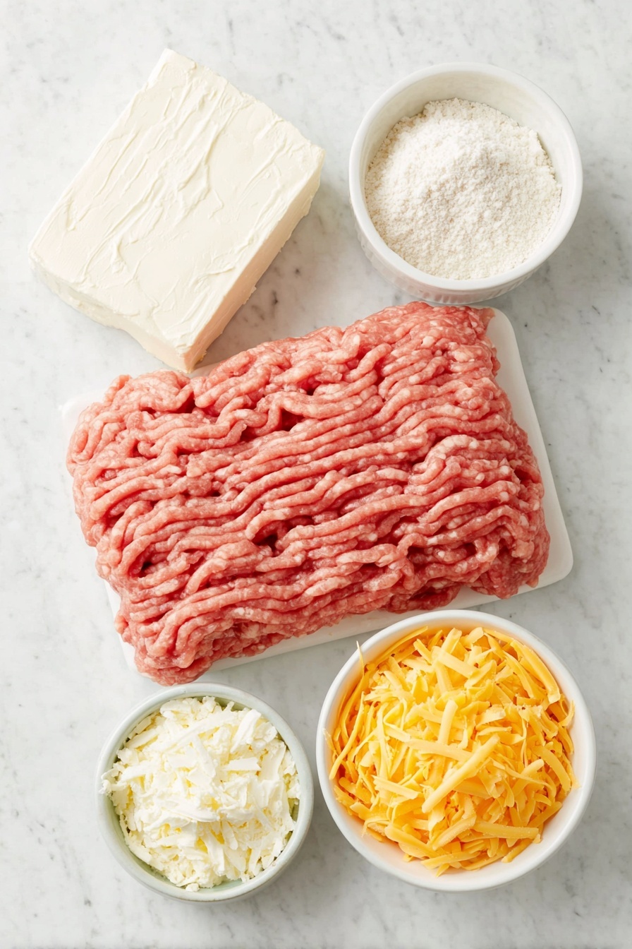 Cream Cheese Sausage Balls, sausage balls recipe, cheesy sausage bites, savory appetizer ideas, easy party snacks - Flat lay of a small mound of fresh hot pork sausage, an uncut block of creamy white cream cheese, a small white ceramic bowl filled with pale Bisquick baking mix, a small white bowl heaped with bright orange shredded cheddar cheese, placed on a clean white marble surface, soft natural light, photo taken with an iPhone, professional food photography style, fresh ingredients, white ceramic bowls, no bottles, no duplicates, no utensils, no packaging --ar 2:3 --v 7 --p m7354615311229779997