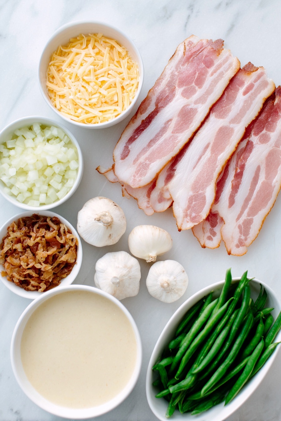 Green Bean Casserole with Bacon and Mushrooms, green bean casserole with bacon, bacon mushroom casserole, cheesy green bean side dish, holiday green bean casserole - Flat lay of six strips of crispy bacon, half a yellow onion finely diced in a small white bowl, a small white bowl of chopped fresh button mushrooms, three whole garlic cloves unpeeled, two small white bowls filled with thick cream of mushroom soup, a small white bowl of milk, a small white bowl with shredded Monterey Jack cheese, a few whole green beans fresh and bright, a small white bowl filled with crispy French fried onions, salt and pepper in small white bowls, all ingredients fresh and natural, perfectly arranged with balanced spacing, placed on a clean white marble surface, soft natural light, photo taken with an iPhone, professional food photography style, fresh ingredients, white ceramic bowls, no bottles, no duplicates, no utensils, no packaging --ar 2:3 --v 7 --p m7354615311229779997