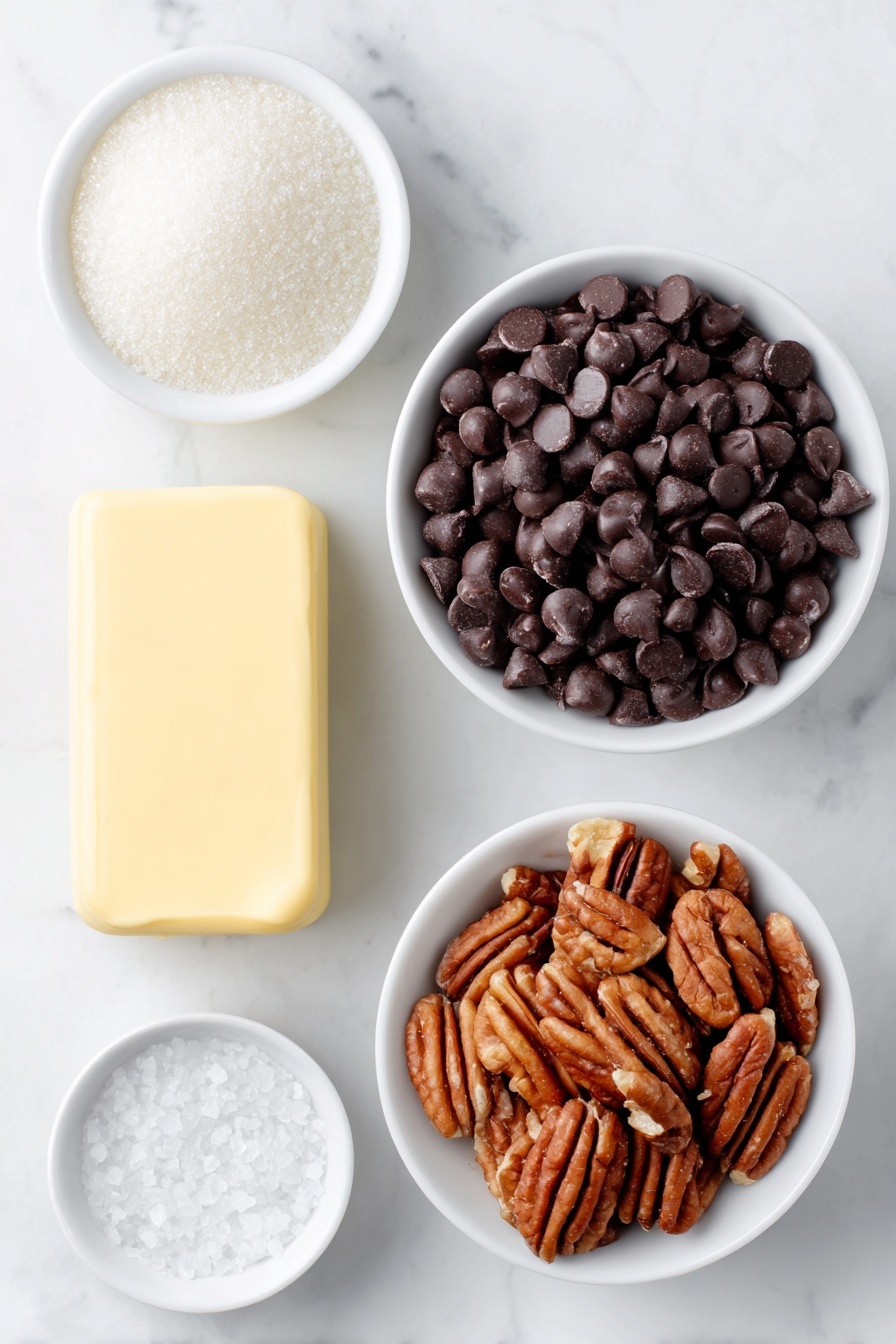 English Toffee with Chocolate and Nuts, best English Toffee, homemade toffee recipe, easy toffee with nuts and chocolate, crunchy buttery toffee - Flat lay of a small block of pale yellow butter, a simple white ceramic bowl filled with granulated white sugar, a tiny white ceramic bowl holding fine salt crystals, a white ceramic bowl heaped with glossy semi-sweet chocolate chips, a neat pile of finely chopped mixed almonds and pecans on the white surface, all arranged with perfect symmetry, placed on a clean white marble surface, soft natural light, photo taken with an iPhone, professional food photography style, fresh ingredients, white ceramic bowls, no bottles, no duplicates, no utensils, no packaging --ar 2:3 --v 7 --p m7354615311229779997