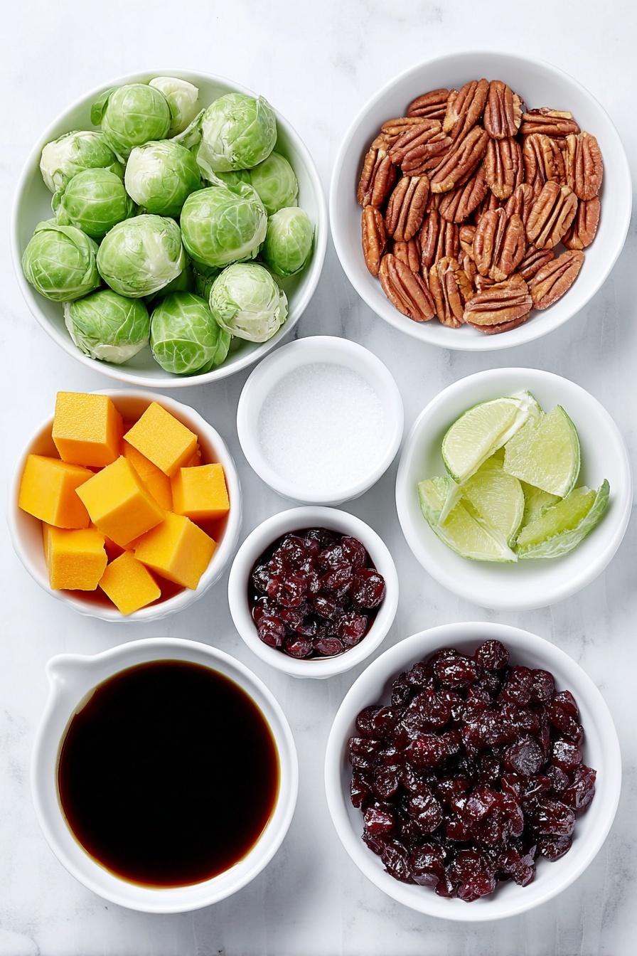 Winter Roasted Vegetable Salad, roasted vegetable salad, winter vegetable salad, healthy roasted veggie salad, holiday roasted veggie salad - Flat lay of fresh raw Brussels sprouts cut in half, bright cubed butternut squash, two whole unpeeled red beets, a small white ceramic bowl filled with glossy pecan halves, another small white bowl with plump dried cranberries, a small white bowl containing amber maple syrup, a small white bowl of freshly squeezed lime juice, and a small white bowl holding thick dark balsamic glaze, all arranged in perfect symmetry on a clean white marble surface, soft natural light, photo taken with an iPhone, professional food photography style, fresh ingredients, white ceramic bowls, no bottles, no duplicates, no utensils, no packaging --ar 2:3 --v 7 --p m7354615311229779997