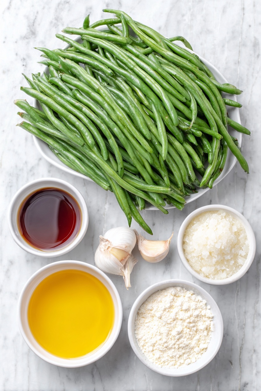 Garlic Green Beans Stir Fry, healthy green bean side dish, quick vegetable stir fry, garlic green bean recipe, easy green beans recipe - Flat lay of fresh whole green beans with trimmed ends neatly arranged, two cloves of whole unpeeled garlic, a small white ceramic bowl of dark soy sauce, a small white ceramic bowl filled with clear golden chicken broth, a small white ceramic bowl of light beige cornstarch powder, a small white ceramic bowl holding amber sesame oil, and a small white ceramic bowl of golden peanut oil placed symmetrically, all ingredients fresh and natural, placed on a clean white marble surface, soft natural light, photo taken with an iPhone, professional food photography style, fresh ingredients, white ceramic bowls, no bottles, no duplicates, no utensils, no packaging --ar 2:3 --v 7 --p m7354615311229779997