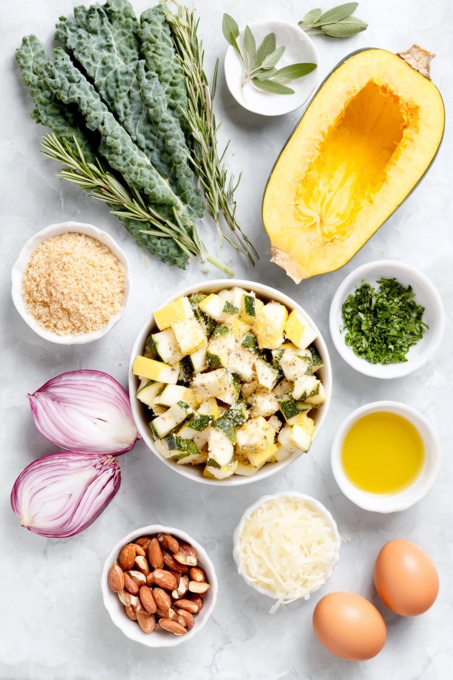 Autumn Caesar Salad with Roasted Delicata Squash, fall salad recipes, roasted delicata squash salad, healthy autumn salads, kale and squash salad - Flat lay of a bunch of dark green shredded kale leaves, a large shallot thinly sliced showing its purple rings, half a bright yellow lemon cut to display the juicy pulp, a medium delicata squash with creamy yellow skin and green stripes sliced into half-inch cubes, a small white ceramic bowl filled with golden olive oil, a small white ceramic bowl of light brown panko breadcrumbs, a small white ceramic bowl of finely grated pale parmesan cheese, a small white ceramic bowl with chopped fresh green rosemary, sage, and thyme herbs, a small white ceramic bowl of whole pine nuts, a small white ceramic bowl of creamy Caesar dressing, and three whole brown eggs with clean uncracked shells, all arranged symmetrically on a clean white marble surface, soft natural light, photo taken with an iPhone, professional food photography style, fresh ingredients, white ceramic bowls, no bottles, no duplicates, no utensils, no packaging --ar 2:3 --v 7 --p m7354615311229779997