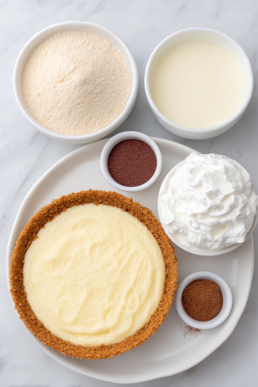 No Bake Eggnog Pie, Eggnog Pie, Holiday No Bake Desserts, Festive Eggnog Dessert, Easy Christmas Pie - Flat lay of a golden graham cracker crust on a simple white ceramic plate, a small white bowl filled with smooth vanilla instant pudding powder, a small white bowl of creamy eggnog, a small white bowl of fluffy whipped cream, and a small white bowl containing a fine dusting of ground nutmeg, all arranged in perfect symmetry, placed on a clean white marble surface, soft natural light, photo taken with an iPhone, professional food photography style, fresh ingredients, white ceramic bowls, no bottles, no duplicates, no utensils, no packaging --ar 2:3 --v 7 --p m7354615311229779997