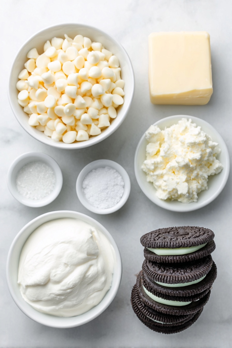 Mint Oreo White Chocolate Fudge, easy mint fudge recipe, no-bake Oreo fudge, white chocolate mint dessert, homemade holiday fudge - Flat lay of a small pile of glossy white chocolate chips, a jar of fluffy white marshmallow cream in a simple white ceramic bowl, a stick of pale yellow butter on a clean white plate, a small white bowl filled with granulated white sugar, a small white bowl holding smooth heavy cream, a tiny white bowl with fine sea salt, a small white bowl containing clear pale green mint extract, and a neat stack of fresh, whole mint Oreo cookies with dark chocolate cookie halves and bright green mint cream visible, all arranged symmetrically on a clean white marble surface, soft natural light, photo taken with an iPhone, professional food photography style, fresh ingredients, white ceramic bowls, no bottles, no duplicates, no utensils, no packaging --ar 2:3 --v 7 --p m7354615311229779997
