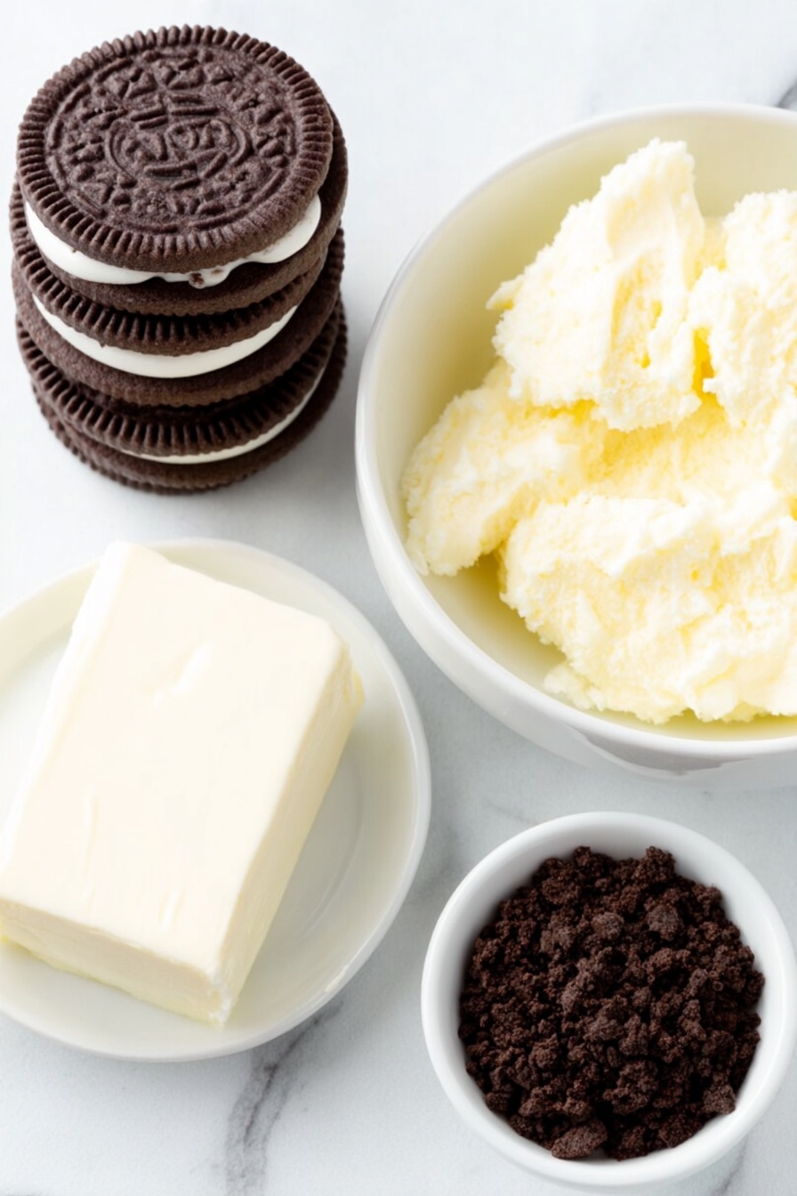 Easy Oreo Truffles, Oreo Truffles recipe, no-bake Oreo dessert, chocolate Oreo truffles, quick Oreo treats - Flat lay of a stack of fresh whole Oreo cookies with visible dark chocolate sandwich layers and white cream filling, a smooth block of full-fat cream cheese with a cut exposing its creamy texture, a small white ceramic bowl filled with glossy melted white chocolate, and a small white ceramic bowl containing finely crushed Oreo cookie crumbs, all arranged symmetrically on a clean white marble surface, soft natural light, photo taken with an iPhone, professional food photography style, fresh ingredients, white ceramic bowls, no bottles, no duplicates, no utensils, no packaging --ar 2:3 --v 7 --p m7354615311229779997