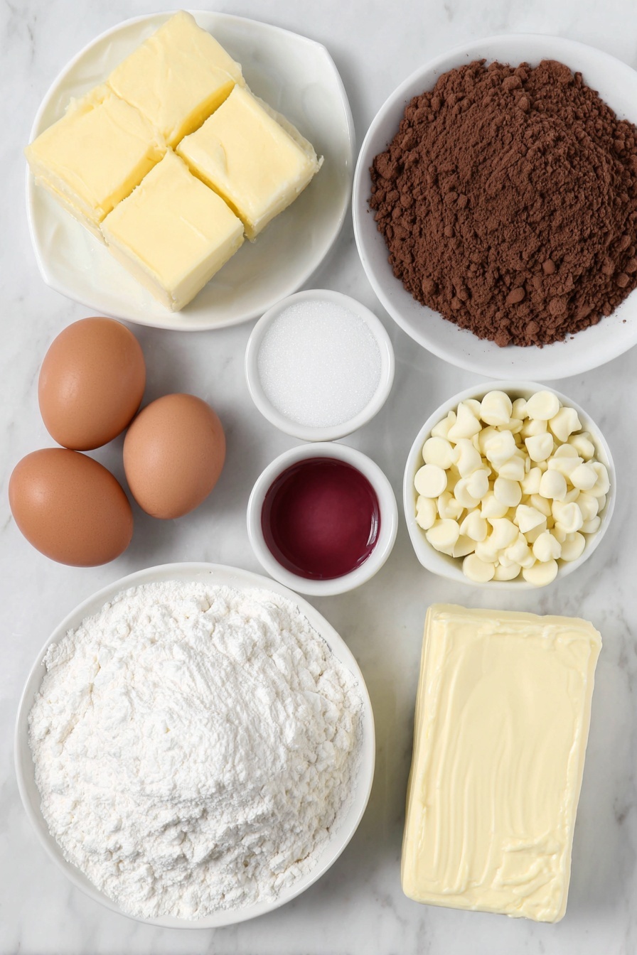 Cheesecake Stuffed Red Velvet Cookies, red velvet cheesecake cookies, cheesecake filled red velvet cookies, soft red velvet cookies with cheesecake, indulgent cheesecake cookies - Flat lay of a small pile of barely softened pale yellow butter, two whole uncracked brown eggs with clean shells, a few heaping tablespoons of smooth unsweetened cocoa powder on a white ceramic plate, a neat mound of rich brown packed brown sugar, a smaller heap of fine white granulated sugar, a small white bowl filled with bright red food coloring gel, a tall stack of white all-purpose flour, a scattering of white chocolate chips, a block of creamy off-white cream cheese, a small white bowl of fine powdered sugar, and a small white bowl containing clear vanilla extract, all arranged with perfect symmetry and balanced spacing, placed on a clean white marble surface, soft natural light, photo taken with an iPhone, professional food photography style, fresh ingredients, white ceramic bowls, no bottles, no duplicates, no utensils, no packaging --ar 2:3 --v 7 --p m7354615311229779997