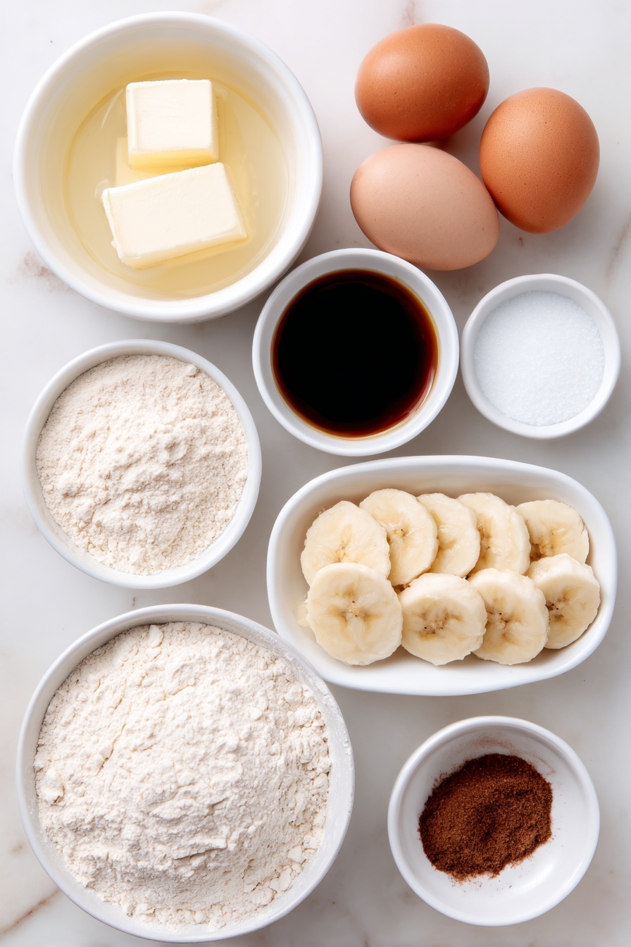 Cinnamon Banana Bread with Swirl, banana bread with cinnamon swirl, cinnamon banana loaf, moist banana bread recipe, easy cinnamon swirl bread - Flat lay of two sticks of unsalted butter melted in a small white ceramic bowl, a small white bowl of granulated sugar, two whole uncracked brown eggs, a small white bowl of vanilla extract, a small white bowl of all-purpose flour, a small white bowl of baking soda, a small white bowl of mashed ripe bananas, a small white bowl with a mixture of melted butter, granulated sugar, dark brown sugar, and ground cinnamon, six thin slices of ripe banana arranged neatly on a white ceramic plate placed on a clean white marble surface, soft natural light, photo taken with an iPhone, professional food photography style, fresh ingredients, white ceramic bowls, no bottles, no duplicates, no utensils, no packaging --ar 2:3 --v 7 --p m7354615311229779997