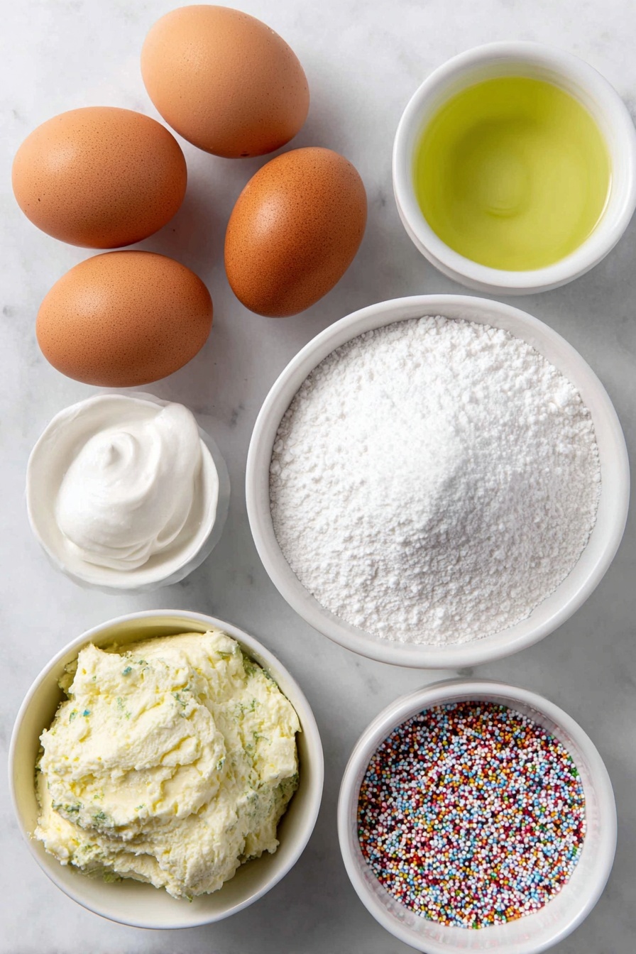 Green Christmas Meringue Trees, holiday meringue treats, festive Christmas dessert, homemade holiday meringues, colorful Christmas cookies - Flat lay of four whole brown eggs with clean shells, a small white ceramic bowl filled with fine white granulated sugar, a small white ceramic bowl containing white cream of tartar powder, a small white ceramic bowl holding clear pure vanilla extract, a small white ceramic bowl with bright green food gel, and a small white ceramic bowl filled with colorful assorted sprinkles, all arranged in perfect symmetry on a clean white marble surface, soft natural light, photo taken with an iPhone, professional food photography style, fresh ingredients, white ceramic bowls, no bottles, no duplicates, no utensils, no packaging --ar 2:3 --v 7 --p m7354615311229779997