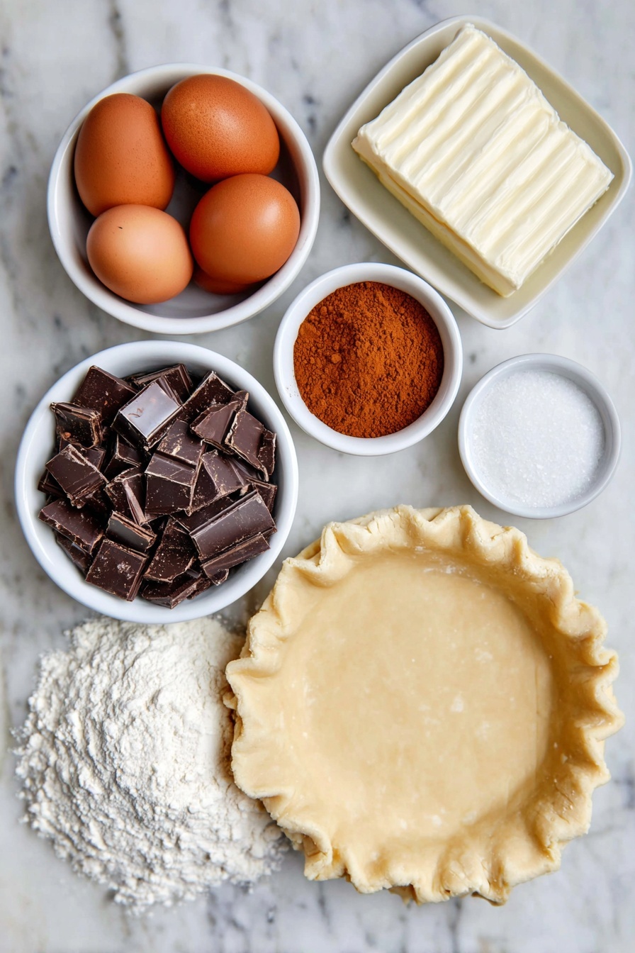 Fudgy Chocolate Brownie Pie, Chocolate Brownie Pie, Best Brownie Pie, Easy Brownie Pie, Chocolate Dessert - Flat lay of a chilled disc of homemade pie crust dough shaped into a smooth circle, a pile of coarsely chopped dark chocolate chunks, a slab of cold unsalted butter, a small white bowl of fine cocoa powder, two large whole brown eggs with clean shells, a small white bowl of caster sugar, a small white bowl of light brown sugar, a small white bowl of fine all-purpose flour, and a pinch of salt crystals placed symmetrically on a clean white marble surface, soft natural light, photo taken with an iPhone, professional food photography style, fresh ingredients, white ceramic bowls, no bottles, no duplicates, no utensils, no packaging --ar 2:3 --v 7 --p m7354615311229779997