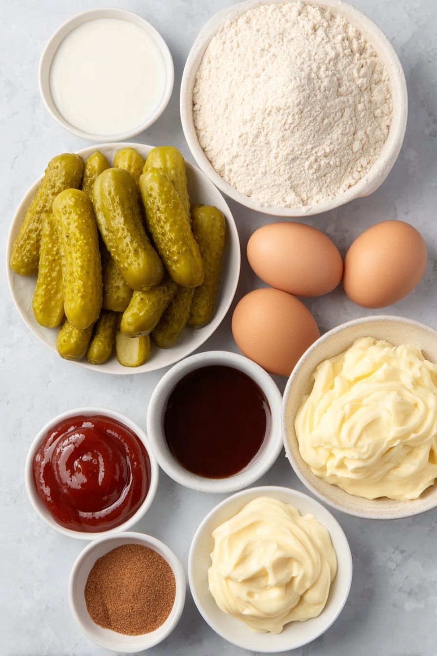Crispy Fried Pickles with Dipping Sauce, easy fried pickle appetizer, crunchy pickle recipe, homemade fried pickles, flavorful dipping sauce - Flat lay of a small pile of fresh kosher dill pickles sliced just shy of a quarter inch, a small mound of all purpose flour, a few whole brown eggs with clean shells, a small white ceramic bowl of buttermilk, a small white ceramic bowl of vegetable oil, a small white ceramic bowl containing a blend of ground black pepper, paprika, cayenne pepper, garlic powder, a small white ceramic bowl with creamy ranch dressing, a small white ceramic bowl with glossy BBQ sauce, a small white ceramic bowl with smooth ketchup, a small white ceramic bowl with pale mayonnaise, placed on a clean white marble surface, soft natural light, photo taken with an iPhone, professional food photography style, fresh ingredients, white ceramic bowls, no bottles, no duplicates, no utensils, no packaging --ar 2:3 --v 7 --p m7354615311229779997
