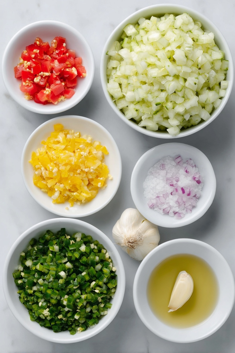 Dill Pickle Salsa, easy pickle salsa, fresh salsa recipes, tangy pickle dip, crunchy cucumber salsa - Flat lay of a small white ceramic bowl filled with finely diced seedless cucumber, a small white bowl with finely diced dill pickles, a small white bowl holding finely diced sweet onion, a small white bowl containing finely diced red bell pepper, a single peeled garlic clove, a small white bowl with bright green minced fresh jalapeño, a small white bowl with tiny pieces of fresh orange habanero, a small white bowl of clear pickle brine, and a small white bowl of coarse kosher salt, all arranged symmetrically and balanced, placed on a clean white marble surface, soft natural light, photo taken with an iPhone, professional food photography style, fresh ingredients, white ceramic bowls, no bottles, no duplicates, no utensils, no packaging --ar 2:3 --v 7 --p m7354615311229779997