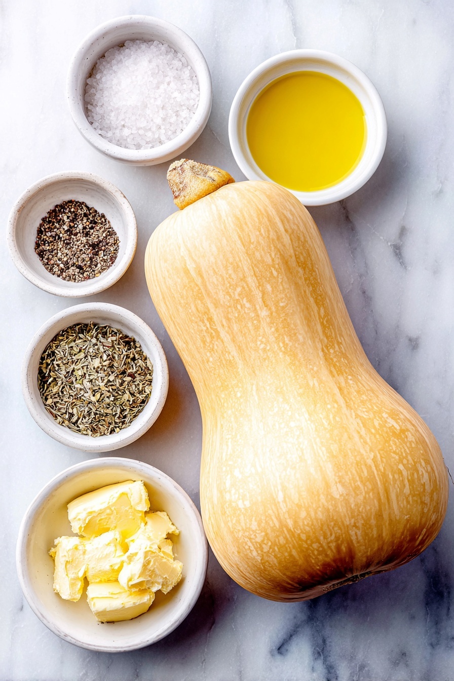 Roasted Butternut Squash with Brown Butter, roasted butternut squash, brown butter side dish, fall vegetable recipes, cozy autumn sides - Flat lay of a medium whole butternut squash, a small white ceramic bowl filled with golden olive oil, a small white bowl of coarse white salt, a small white bowl of cracked black pepper, a small white bowl of mixed dried Italian herbs, a small white bowl of pale beige garlic powder, a small white bowl containing rich golden melted butter, all arranged symmetrically on a clean white marble surface, soft natural light, photo taken with an iPhone, professional food photography style, fresh ingredients, white ceramic bowls, no bottles, no duplicates, no utensils, no packaging --ar 2:3 --v 7 --p m7354615311229779997