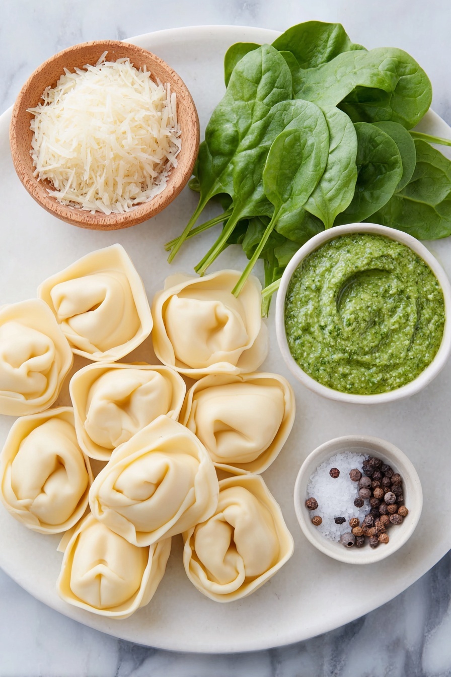 Pesto Tortellini, quick tortellini recipes, easy pasta dinners, cheesy tortellini with pesto, simple weeknight meals - Flat lay of fresh cheese tortellini pasta arranged next to a small pile of vibrant baby spinach leaves, a small white ceramic bowl filled with bright green basil pesto sauce, a small white bowl holding freshly grated pale yellow parmesan cheese shavings, a small white bowl containing coarse salt, and a few whole uncracked brown peppercorns scattered symmetrically on a clean white ceramic plate, all ingredients fresh and natural, placed on a clean white marble surface, soft natural light, photo taken with an iPhone, professional food photography style, fresh ingredients, white ceramic bowls, no bottles, no duplicates, no utensils, no packaging --ar 2:3 --v 7 --p m7354615311229779997