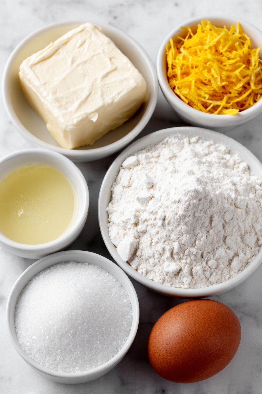 Lemon Cookie, Lemon Cookie Recipe, Zesty Lemon Cookies, Soft Lemon Cookies, Chewy Lemon Cookies - Flat lay of a large square of unsalted butter with a creamy texture, a small mound of granulated white sugar, a neat pile of bright yellow fresh lemon zest strands, a small white ceramic bowl filled with fresh pale yellow lemon juice, one large uncracked brown egg with a smooth shell, a small white ceramic bowl heaped with fine all-purpose flour, a small white ceramic bowl containing white baking soda powder, a tiny white ceramic bowl with fine salt crystals, and a small white ceramic bowl filled with extra granulated white sugar for rolling, all arranged in perfect symmetry on a clean white marble surface, soft natural light, photo taken with an iPhone, professional food photography style, fresh ingredients, white ceramic bowls, no bottles, no duplicates, no utensils, no packaging --ar 2:3 --v 7 --p m7354615311229779997