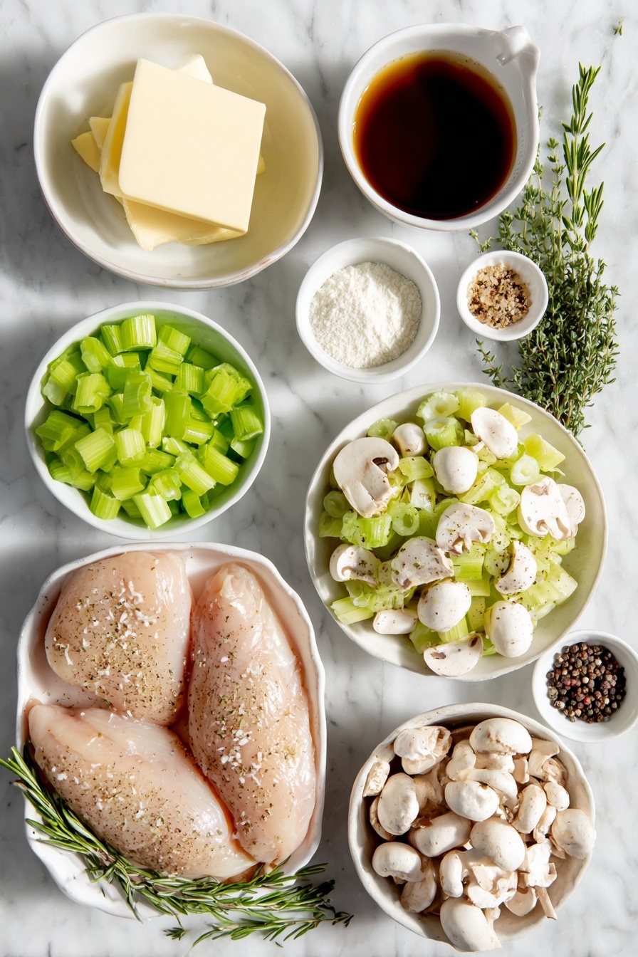 Creamy Chicken Mushroom Soup, comforting chicken and mushroom soup, velvety chicken mushroom soup, easy chicken mushroom soup recipe, hearty mushroom soup - Flat lay of unsalted butter in a small white ceramic bowl, a large peeled and chopped sweet onion on a white plate, chopped celery on a white plate, several peeled garlic cloves scattered neatly, an assortment of fresh sliced mushrooms on a white ceramic dish, fresh chopped rosemary sprigs, dried thyme in a small white bowl, dry sherry in a small white bowl, two whole boneless chicken breasts, clear chicken broth in a small white bowl, heavy cream in a small white bowl, cornstarch in a small white bowl, chopped fresh parsley on a white plate, coarse salt and whole black peppercorns in small white bowls, all arranged symmetrically and balanced, placed on a clean white marble surface, soft natural light, photo taken with an iPhone, professional food photography style, fresh ingredients, white ceramic bowls, no bottles, no duplicates, no utensils, no packaging --ar 2:3 --v 7 --p m7354615311229779997