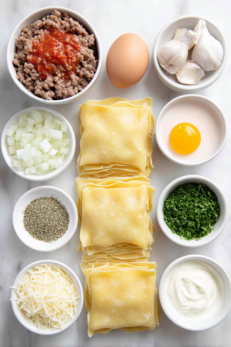 Cheesy Beef Lasagna Roll-Ups, easy baked lasagna roll-ups, cheesy beef pasta, homemade lasagna recipes, family-friendly dinner - Flat lay of twelve cooked lasagna noodles arranged neatly, a mound of fresh ground beef, a small white ceramic bowl filled with vibrant red marinara sauce, a small white bowl of diced white onion, three peeled garlic cloves, a whole clean large brown egg, a small white bowl of creamy ricotta cheese, a small white bowl with shredded pale yellow parmesan cheese, a small white bowl of shredded white mozzarella cheese, a small white bowl of chopped fresh green parsley, a pinch of dried oregano and ground black pepper sprinkled beside the bowls, all ingredients fresh and natural, perfectly balanced and symmetrical, placed on a clean white marble surface, soft natural light, photo taken with an iPhone, professional food photography style, fresh ingredients, white ceramic bowls, no bottles, no duplicates, no utensils, no packaging --ar 2:3 --v 7 --p m7354615311229779997