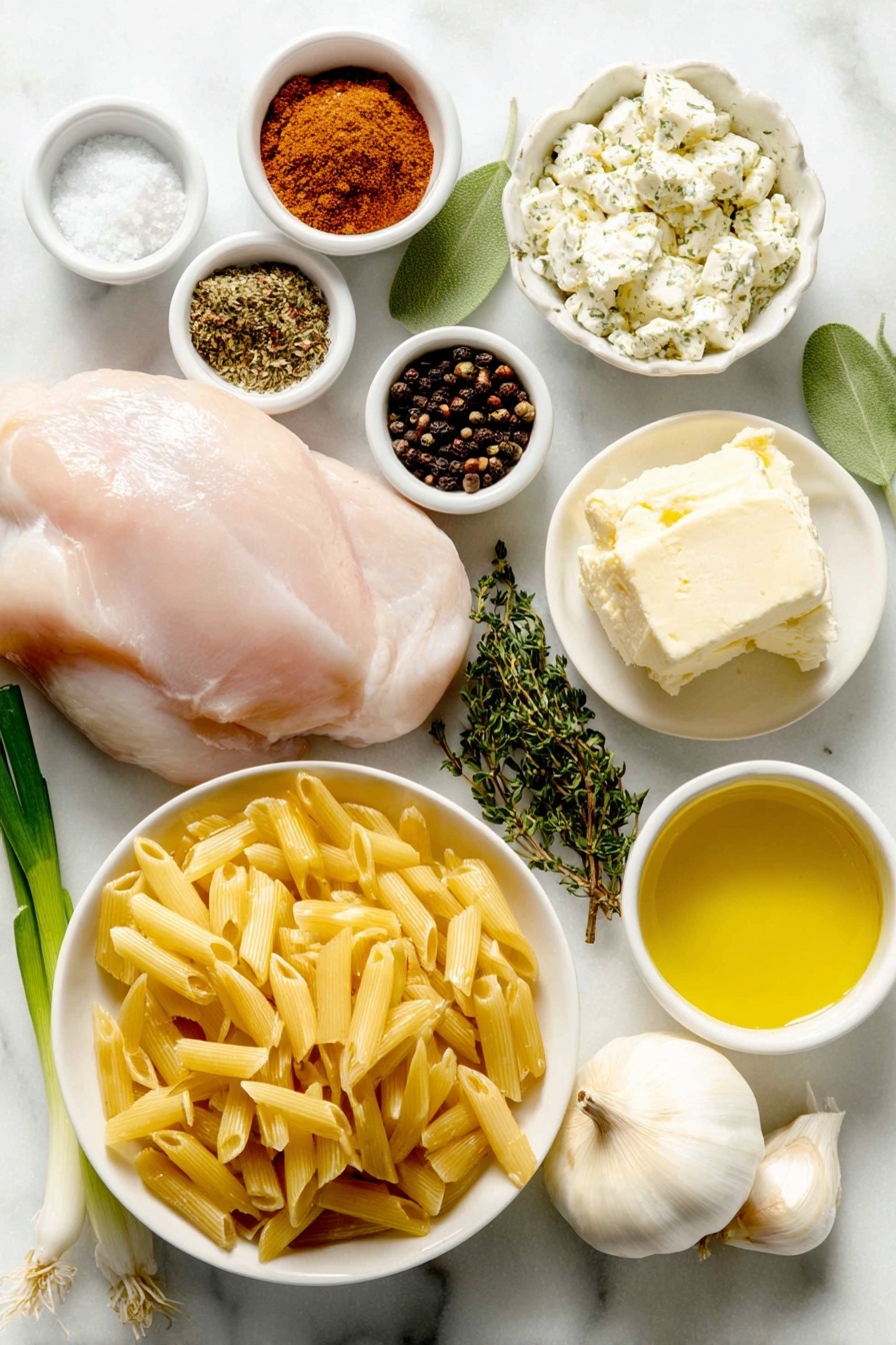 Creamy Cajun Chicken Pasta, Cajun Chicken Pasta, Creamy Pasta Recipes, Spicy Chicken Pasta, Easy Dinner Ideas - Flat lay of smoked paprika powder in a small white bowl, fresh oregano sprigs, fresh thyme sprigs, garlic powder in a small white bowl, onion powder in a small white bowl, cayenne pepper powder in a small white bowl, black peppercorns in a small white bowl, coarse salt in a small white bowl, a small pool of golden olive oil in a white bowl, a pat of creamy butter on a white ceramic plate, raw boneless skinless chicken breast, a whole yellow onion, uncooked penne pasta scattered, a small white bowl filled with fire roasted diced tomatoes, a small white bowl with clear chicken broth, chunks of cream cheese on a white plate, three fresh green onions whole and uncut, all ingredients arranged symmetrically and balanced, placed on a clean white marble surface, soft natural light, photo taken with an iPhone, professional food photography style, fresh ingredients, white ceramic bowls, no bottles, no duplicates, no utensils, no packaging --ar 2:3 --v 7 --p m7354615311229779997