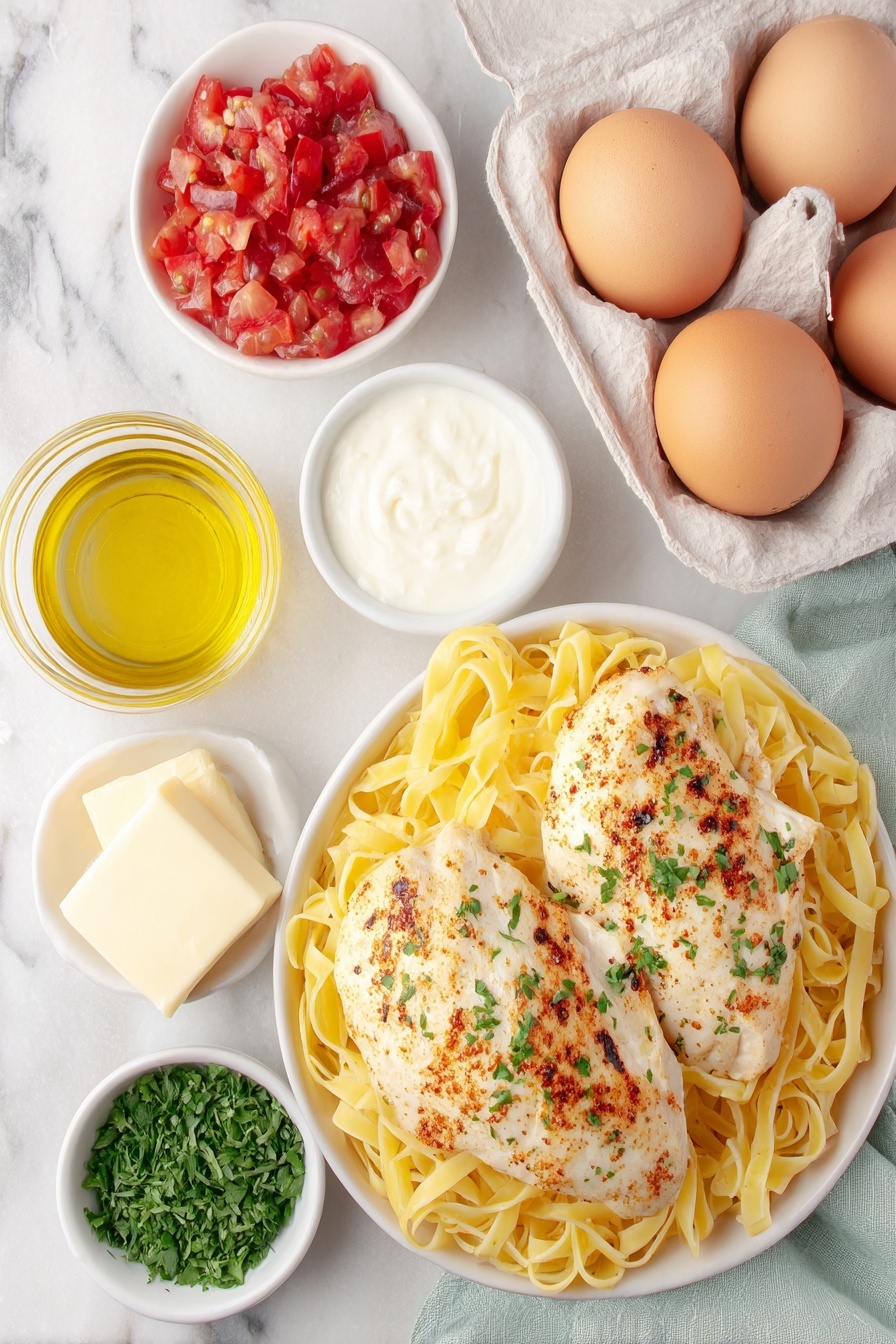 Creamy Cajun Chicken Pasta, Cajun Chicken Pasta, Creamy Pasta Recipes, Spicy Chicken Pasta, Easy Dinner Recipes - Flat lay of linguine pasta nest, two boneless skinless chicken breasts seasoned with Cajun spice, a small white bowl of olive oil, a small chunk of unsalted butter on white ceramic plate, three fresh garlic cloves, a small white bowl with diced ripe red tomatoes, a small white bowl filled with heavy whipping cream, a small white bowl of grated parmesan cheese, a small white bowl of finely chopped fresh parsley, whole uncracked eggs in natural brown shells placed symmetrically, placed on a clean white marble surface, soft natural light, photo taken with an iPhone, professional food photography style, fresh ingredients, white ceramic bowls, no bottles, no duplicates, no utensils, no packaging --ar 2:3 --v 7 --p m7354615311229779997