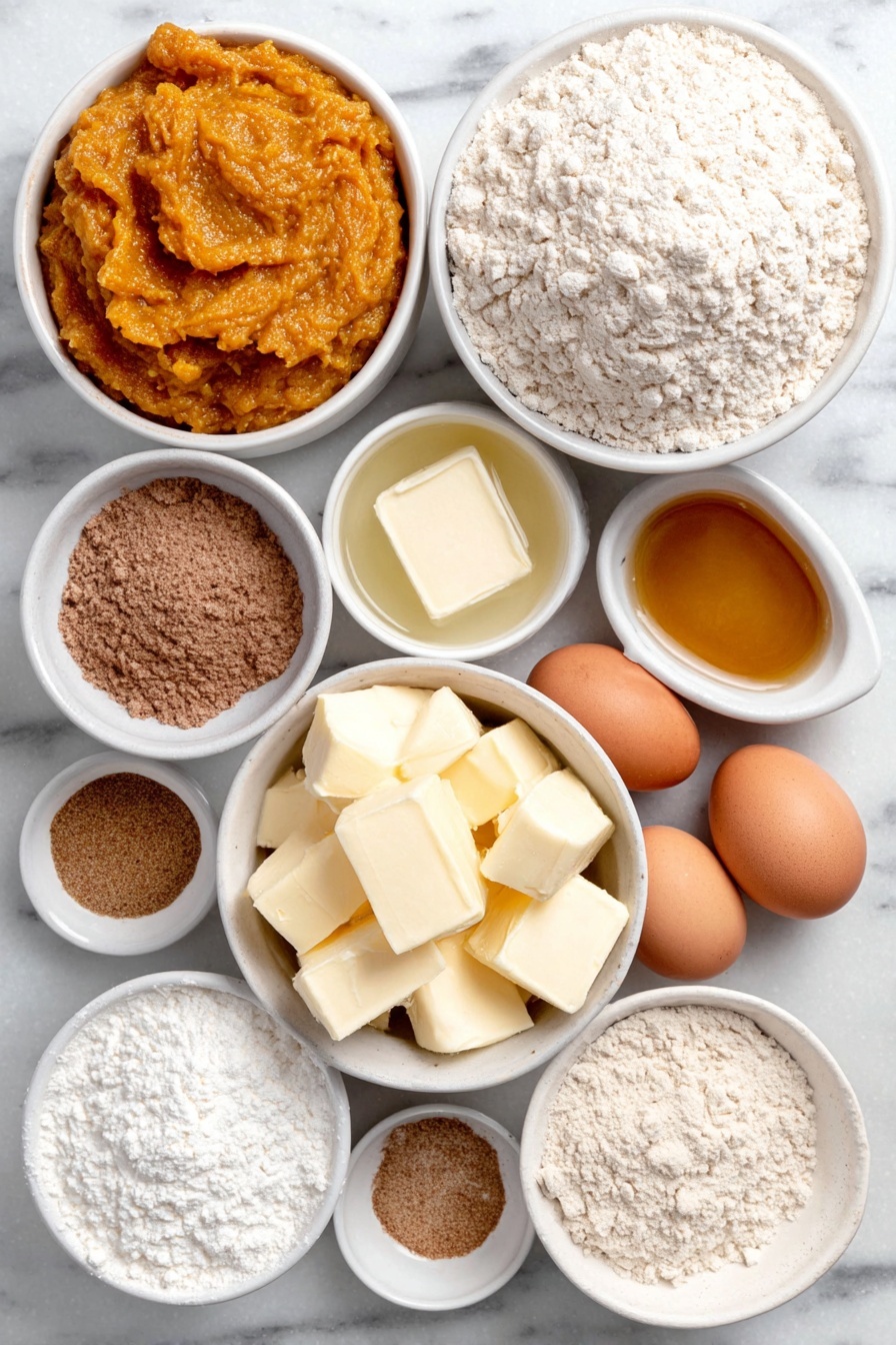 Pumpkin Crumb Coffee Cake, Pumpkin Crumb Coffee Cake recipe, Pumpkin spice coffee cake, Fall coffee cake with crumb topping, Pumpkin dessert with glaze - Flat lay of a small mound of all-purpose flour, a small mound of packed light brown sugar, a teaspoon of ground cinnamon in a small white bowl, a few small cold cubes of unsalted butter, a generous dollop of vibrant orange pumpkin puree, a drizzle of amber maple syrup in a small white bowl, a small white bowl filled with light golden vegetable oil, a small white bowl with creamy milk, a small white bowl containing powdered confectioners’ sugar, a small white bowl with rich vanilla extract, whole uncracked brown eggs, a small pile of ground nutmeg, a small pile of ground cloves, a small pile of ground ginger, all arranged in perfect symmetry on a simple white ceramic surface, placed on a clean white marble surface, soft natural light, photo taken with an iPhone, professional food photography style, fresh ingredients, white ceramic bowls, no bottles, no duplicates, no utensils, no packaging --ar 2:3 --v 7 --p m7354615311229779997